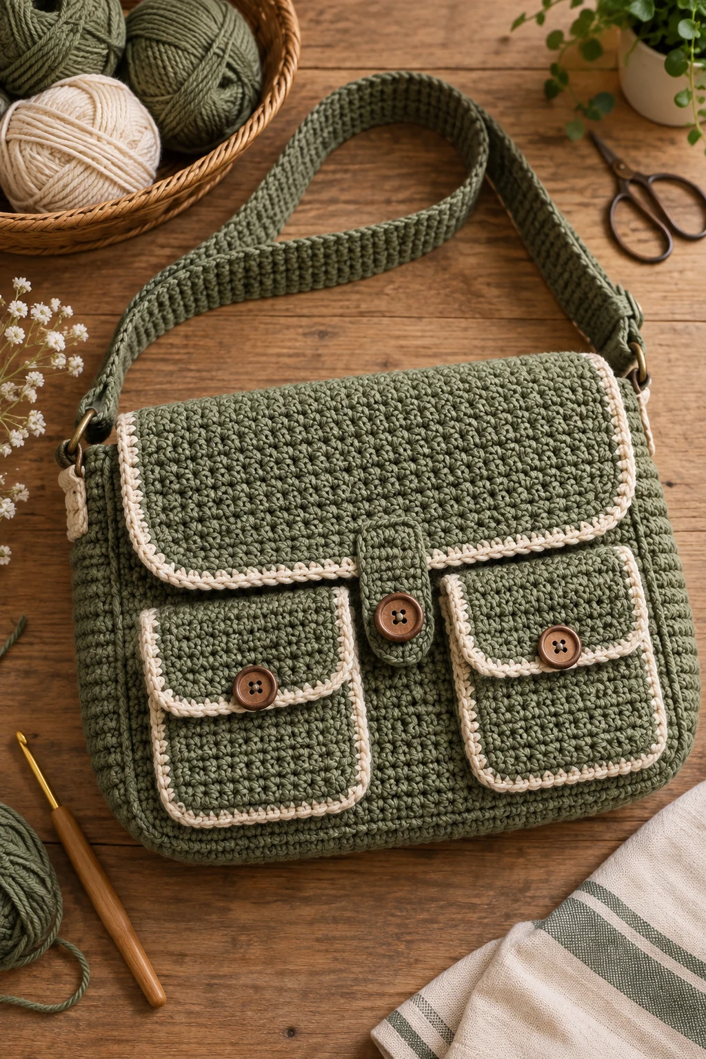 Crochet Messenger Bag With Pockets — crochet messenger bag style outfit