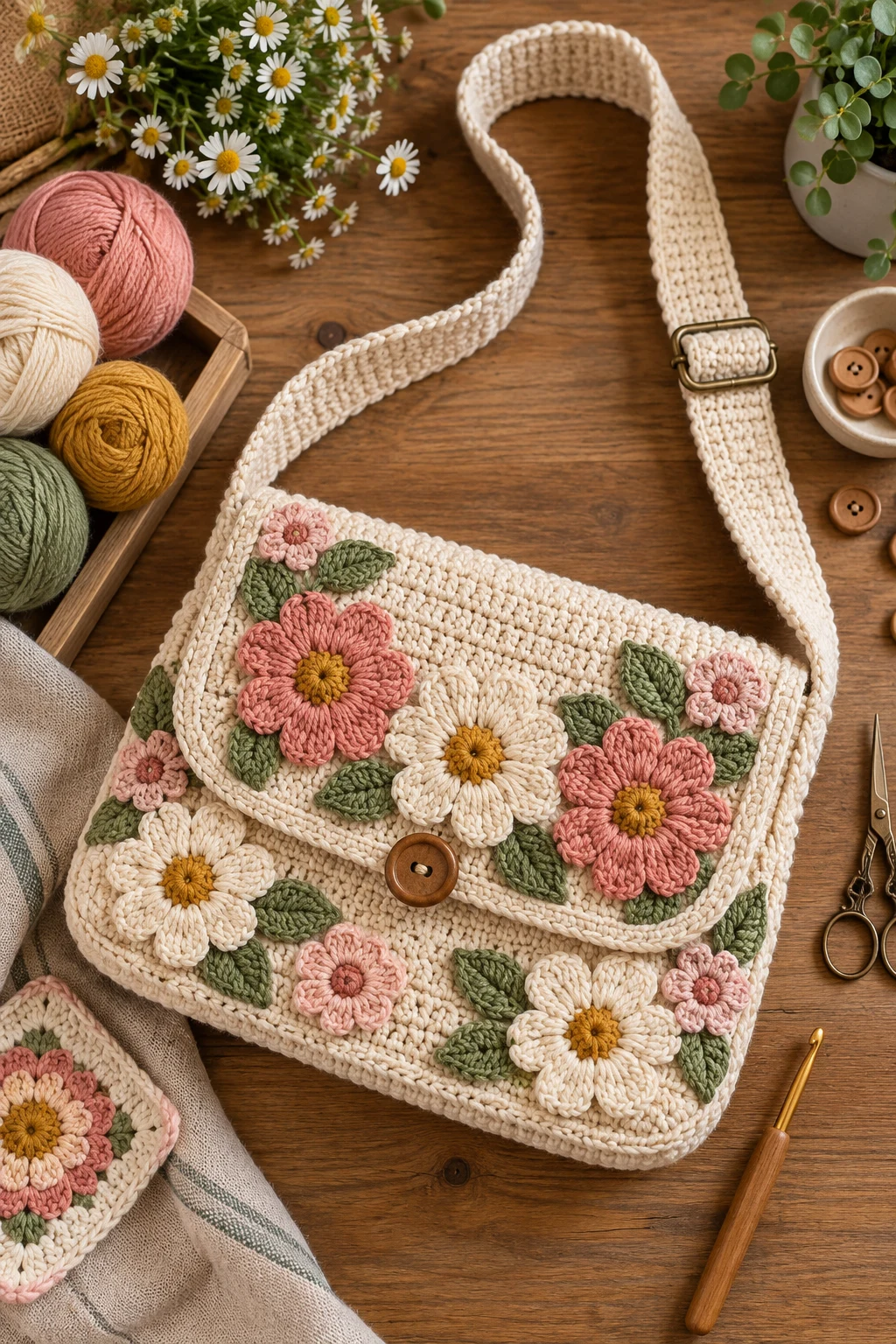 Market-Day Floral Bag — crochet messenger bag style outfit