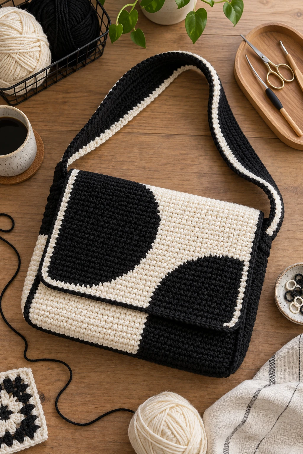 Minimalist Black-and-White Design — crochet messenger bag style outfit