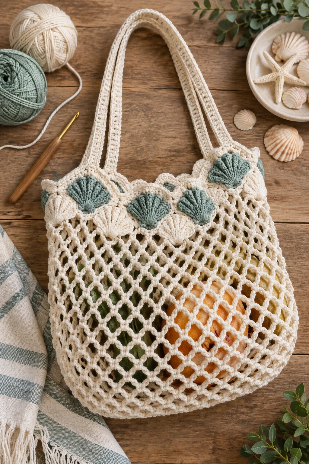 Crochet Net Bag Pattern With Shell Details — crochet net bag style outfit
