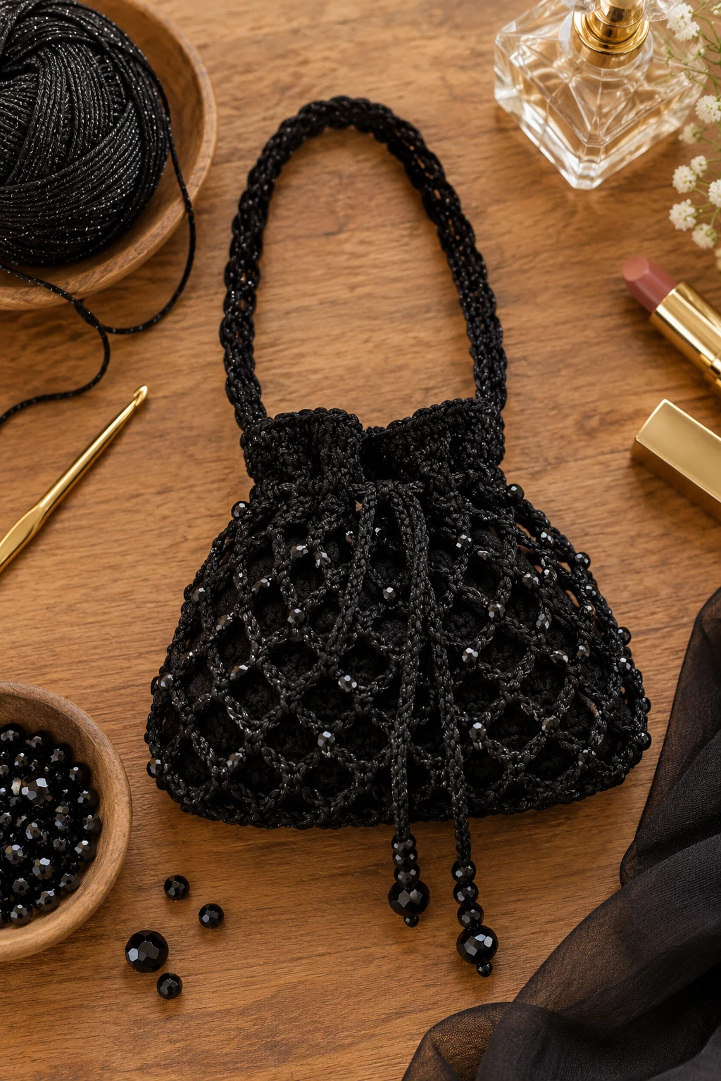 Black Evening-Style Mini Bag — crochet net bag style outfit