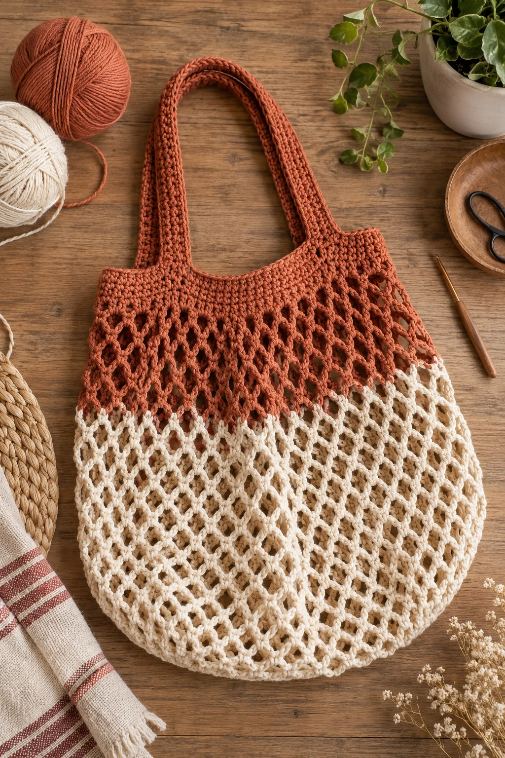 Two-Tone Terracotta and Cream Tote — crochet net bag style outfit