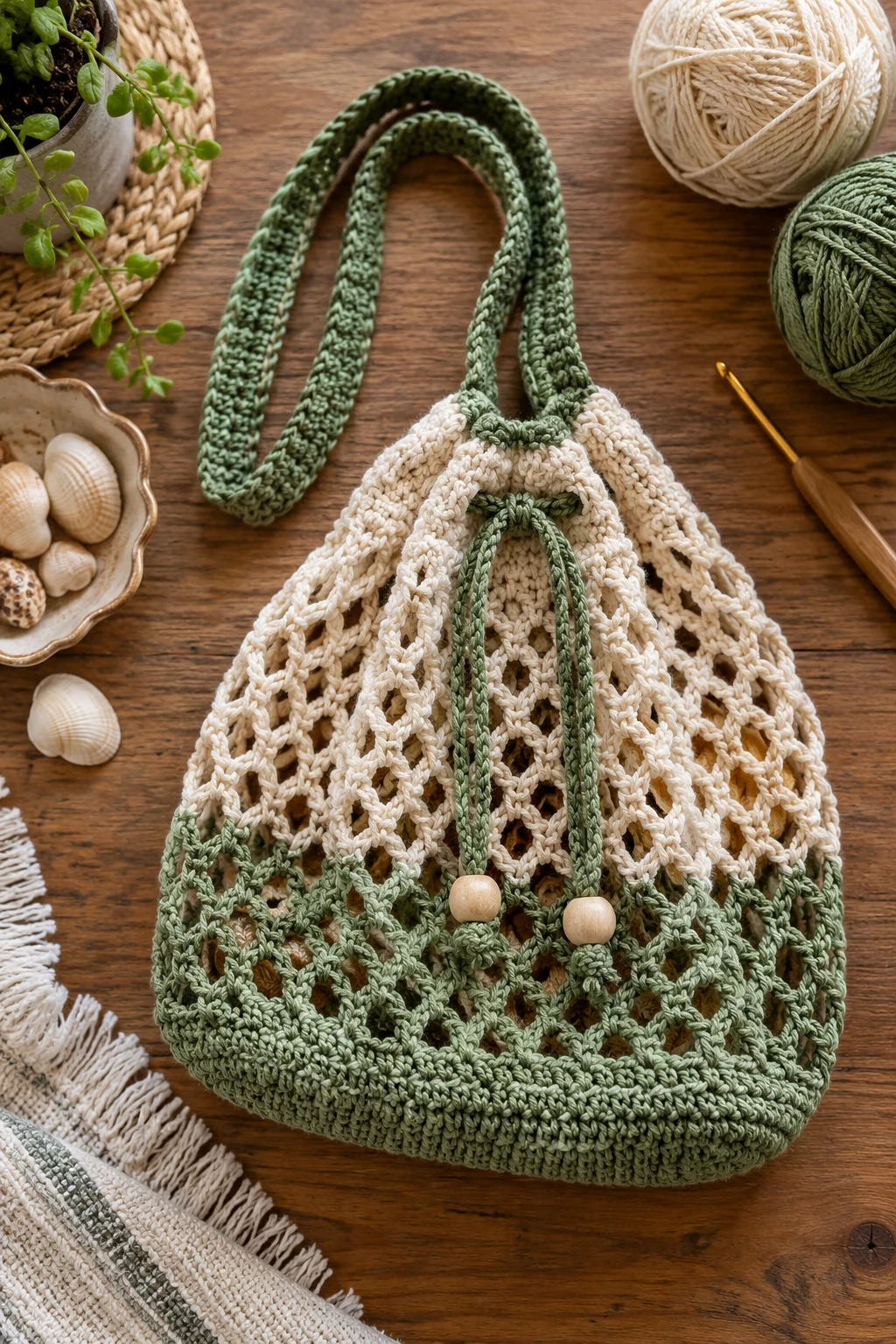 Crochet Net Bag With Drawstring — crochet net bag style outfit