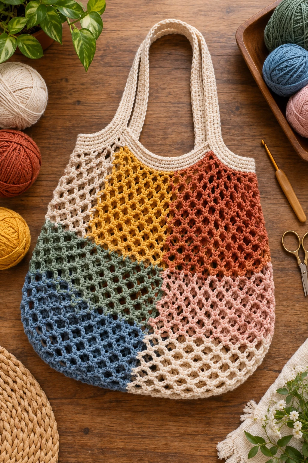 Patchwork Color-Block Net Bag — crochet net bag style outfit