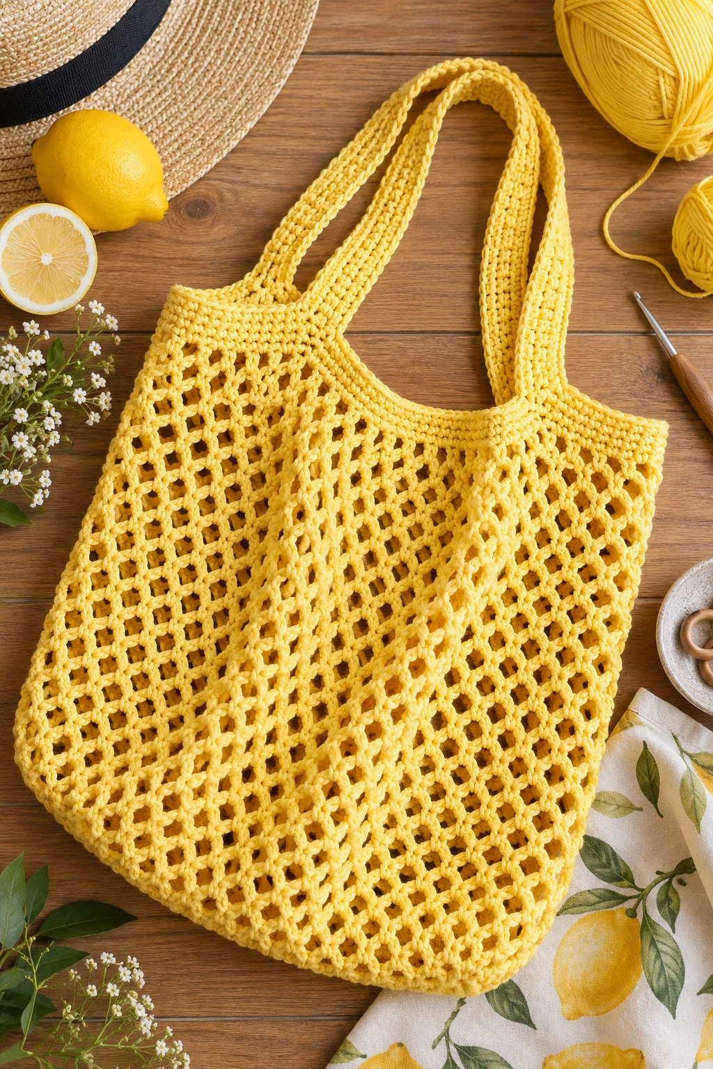 Lemon Yellow Summer Tote — crochet net bag style outfit