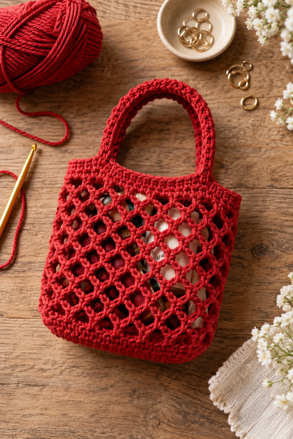 Tiny Red Crochet Net Bag — crochet net bag style outfit