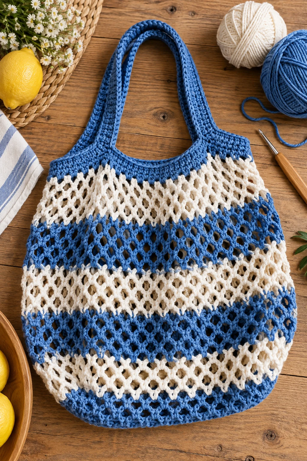 Striped Blue-and-White Market Bag — crochet net bag style outfit