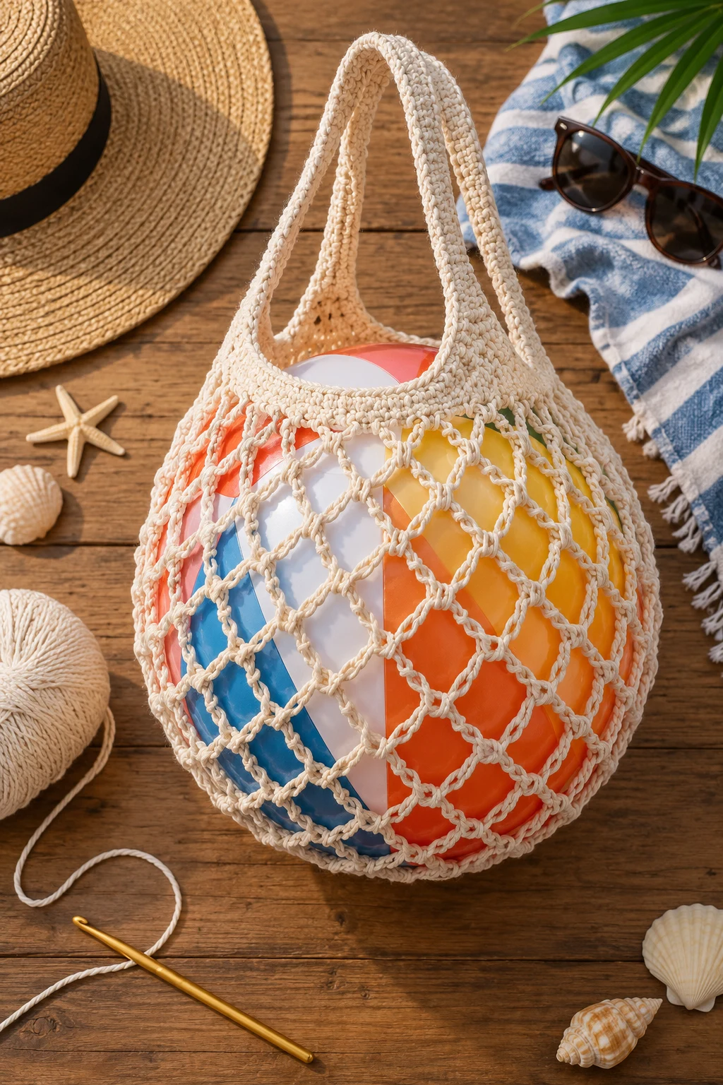 Crochet Net Bag for a Beach Ball — crochet net bag style outfit