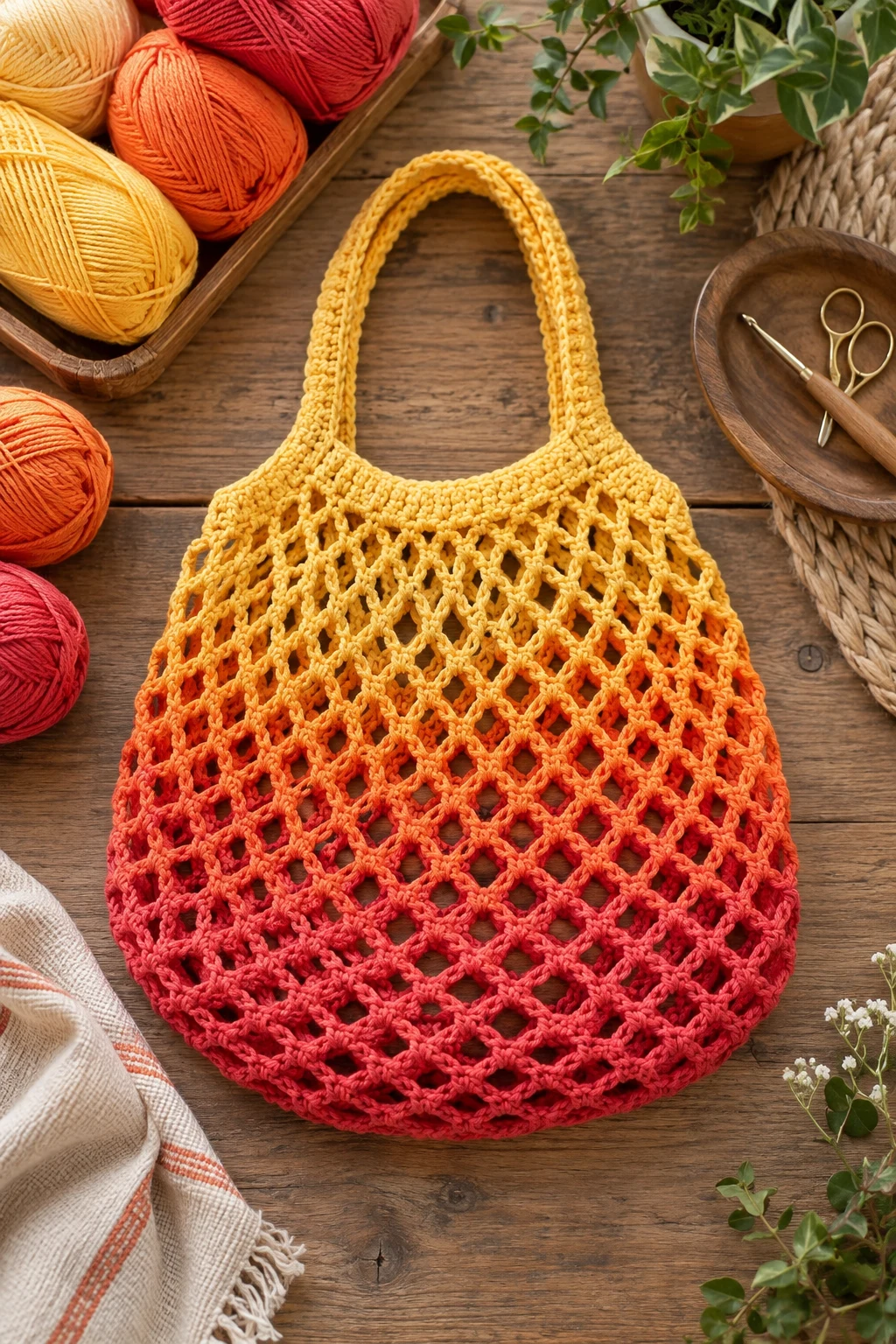 Ombre Sunset Net Bag — crochet net bag style outfit