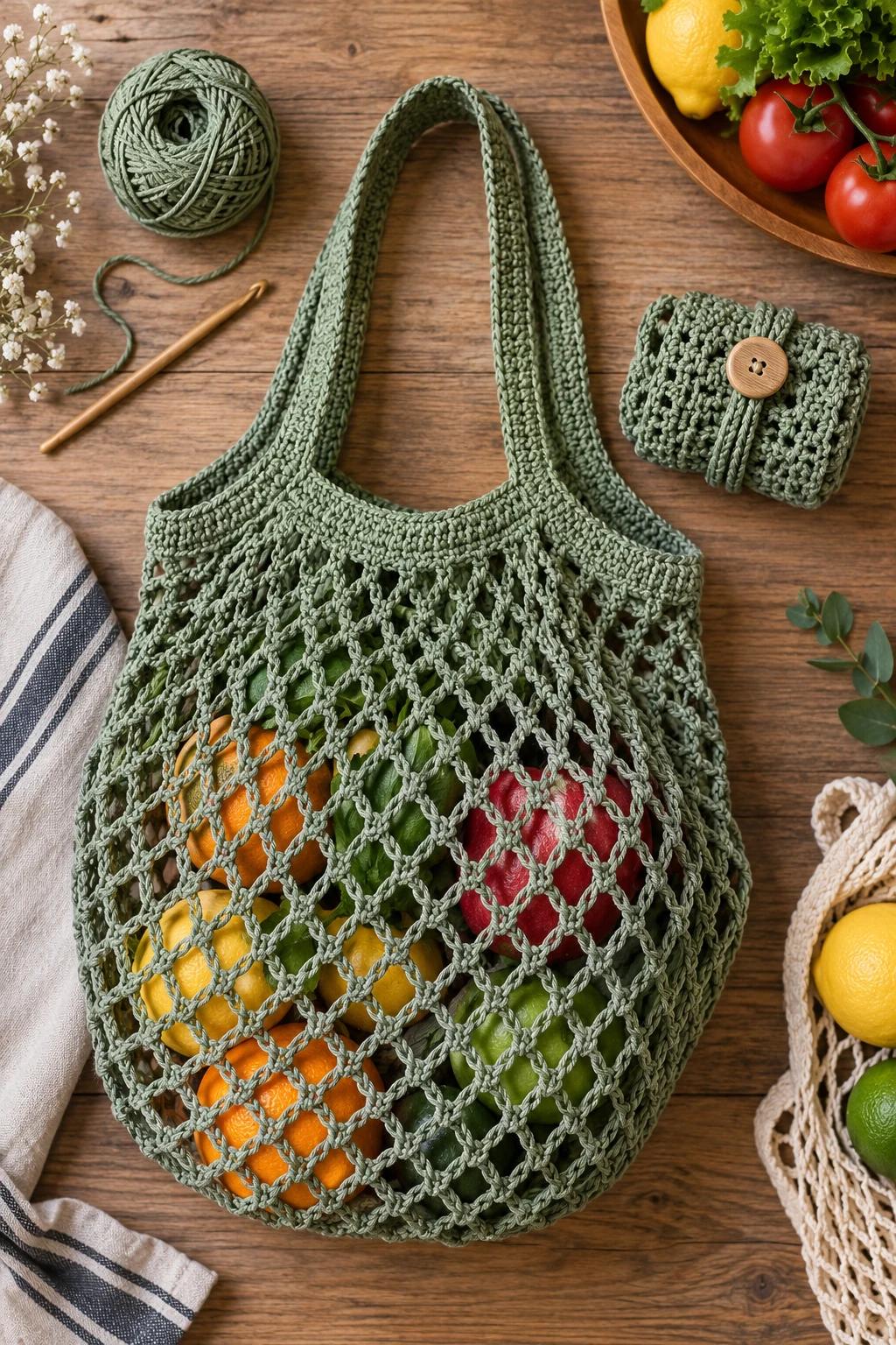 Foldable Grocery Crochet Net Bag — crochet net bag style outfit