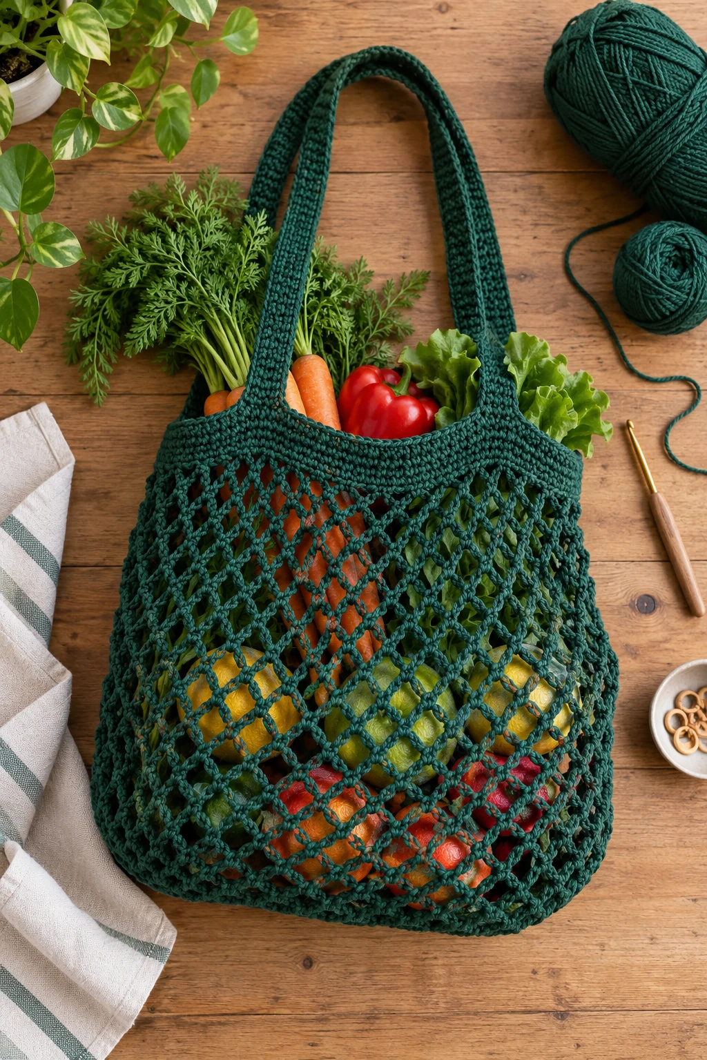 Forest Green Produce Tote — crochet net bag style outfit