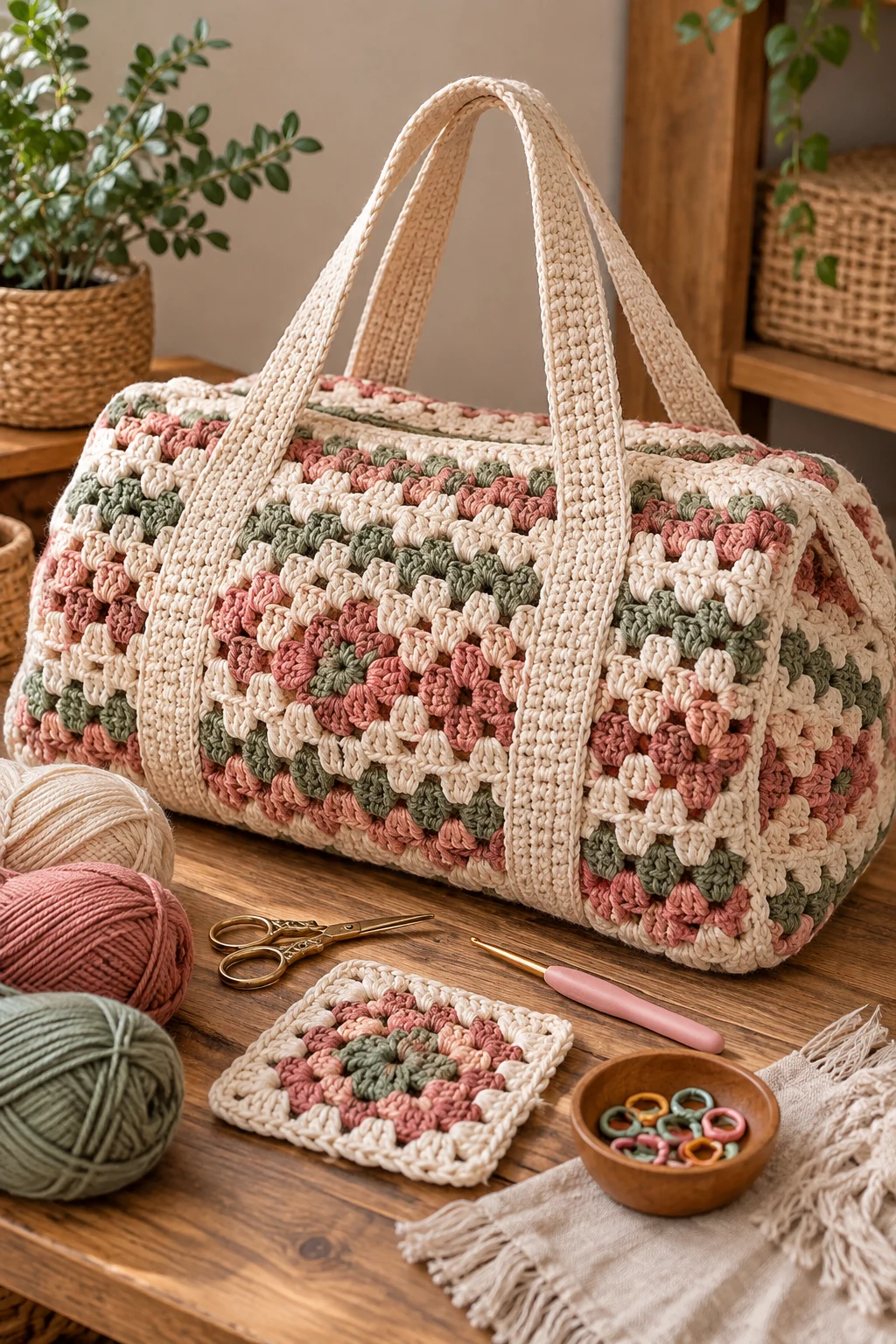 Oversized Granny-Stitch Weekend Bag — crochet pattern bag style outfit