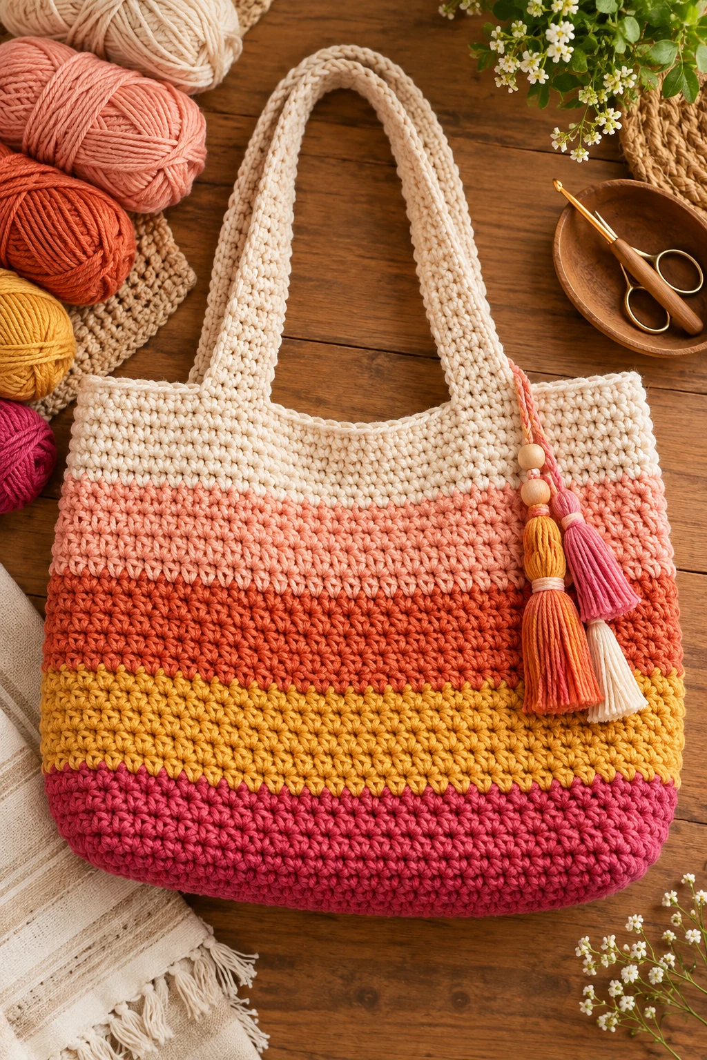 Color-Blocked Sunset Tote — crochet pattern bag style outfit