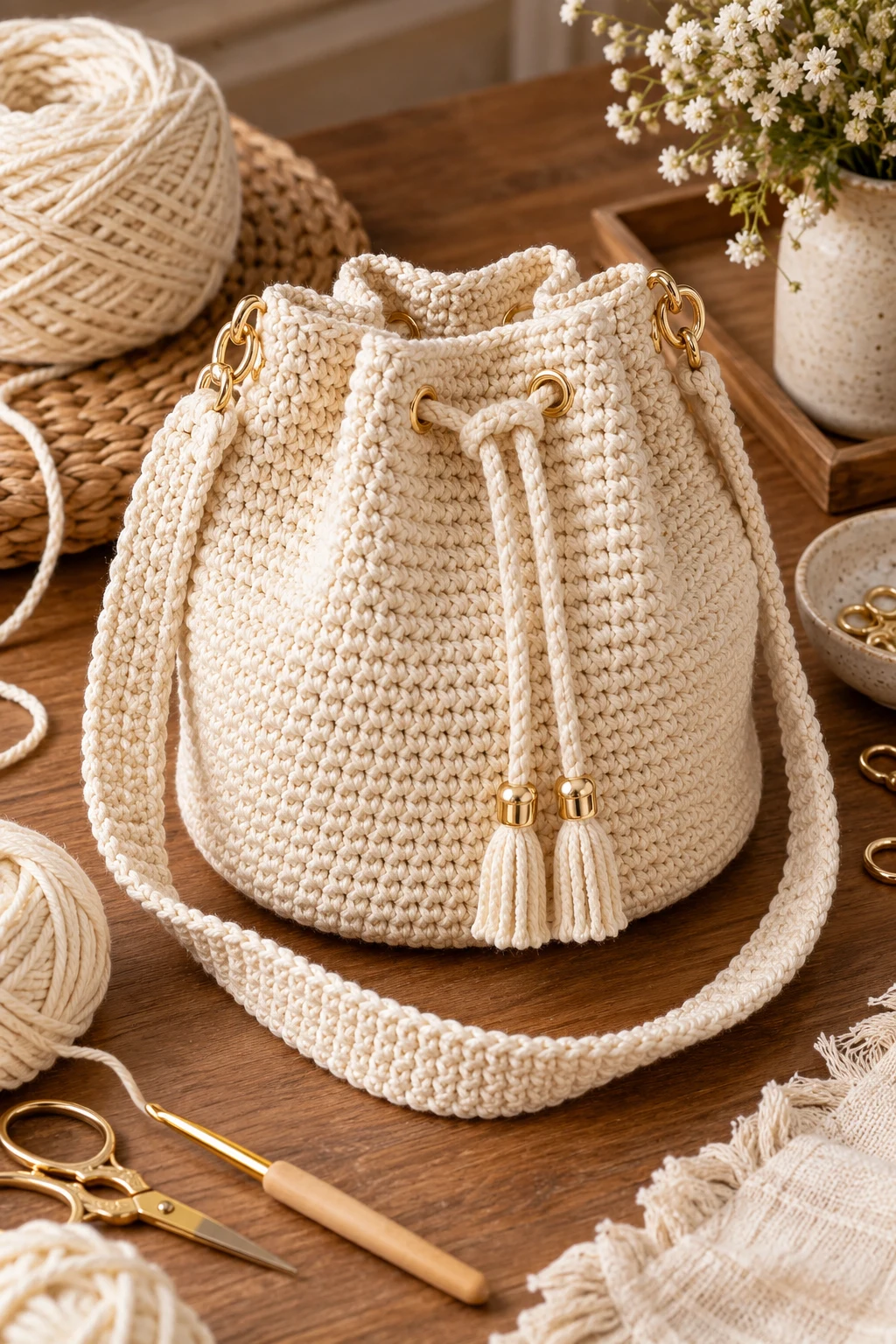 Minimalist Cream Bucket Bag — crochet pattern bag style outfit