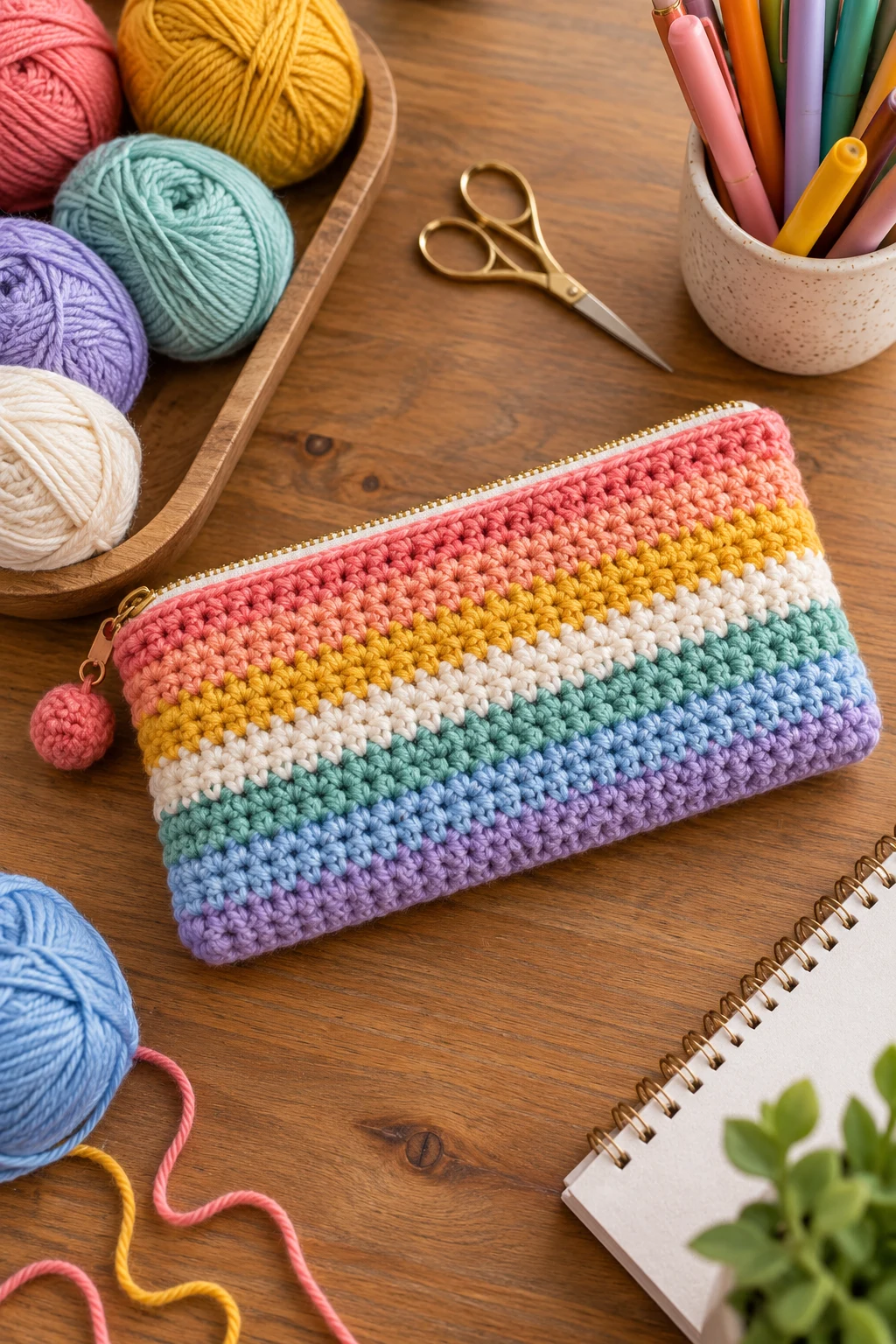 Rainbow Stripe Crochet Pencil Bag — crochet pencil bag style outfit