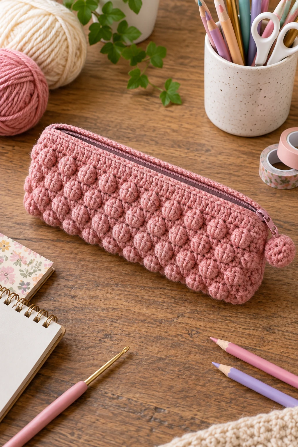 Textured Bobble Crochet Pencil Pouch — crochet pencil bag style outfit