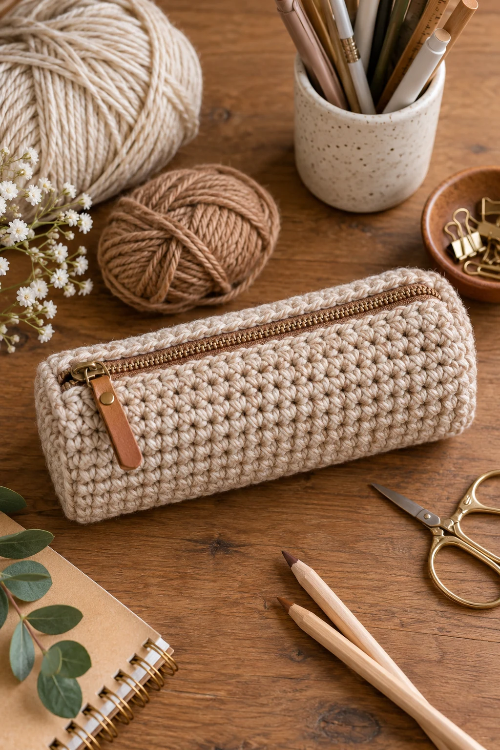 Classic Neutral Crochet Pencil Case — crochet pencil bag style outfit