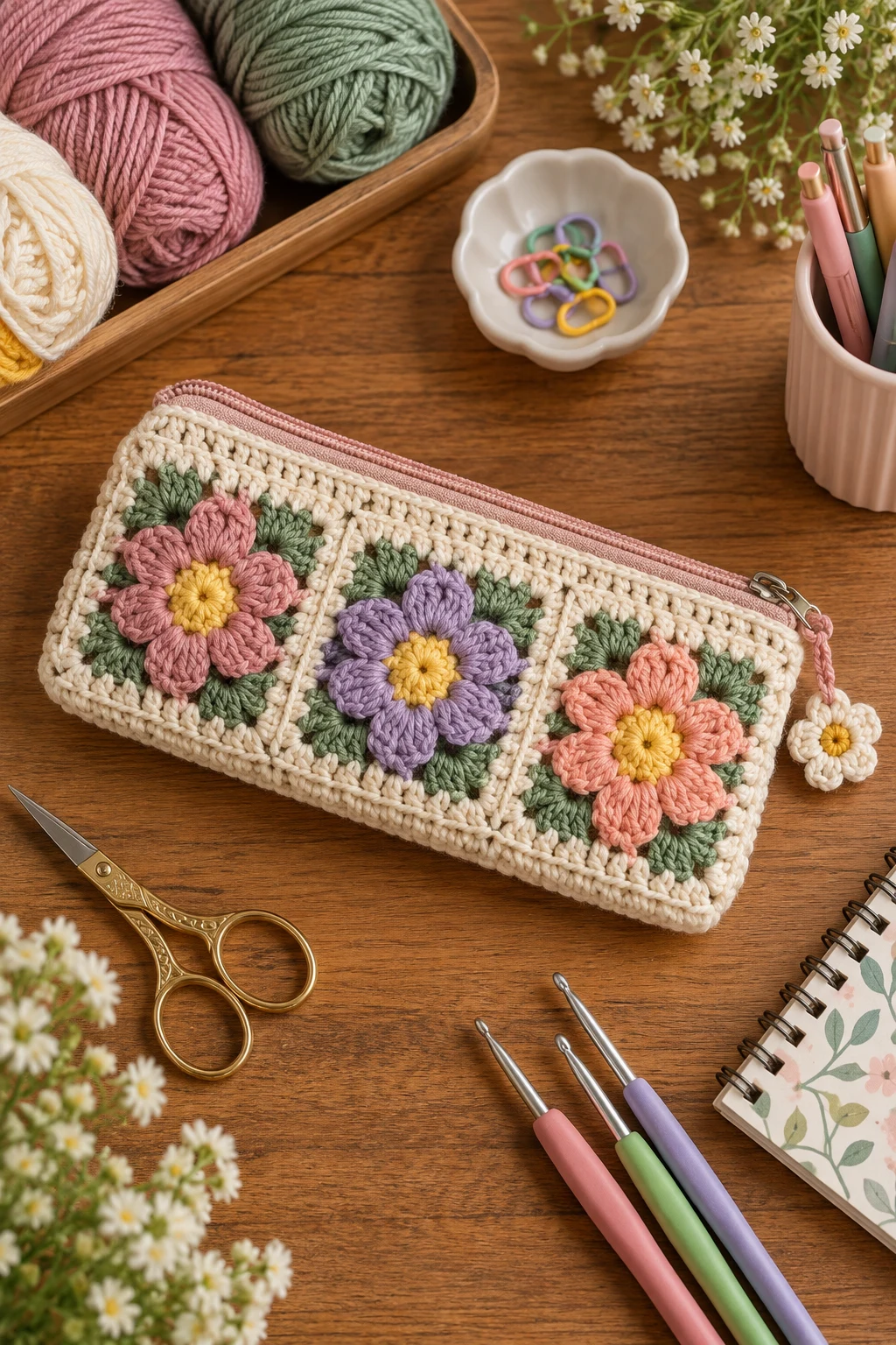 Floral Granny-Square Pencil Pouch — crochet pencil bag style outfit