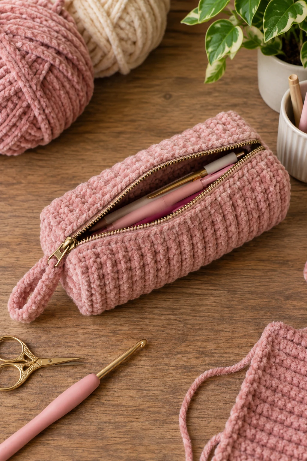 Chunky Corduroy-Style Crochet Pencil Bag — crochet pencil bag style outfit
