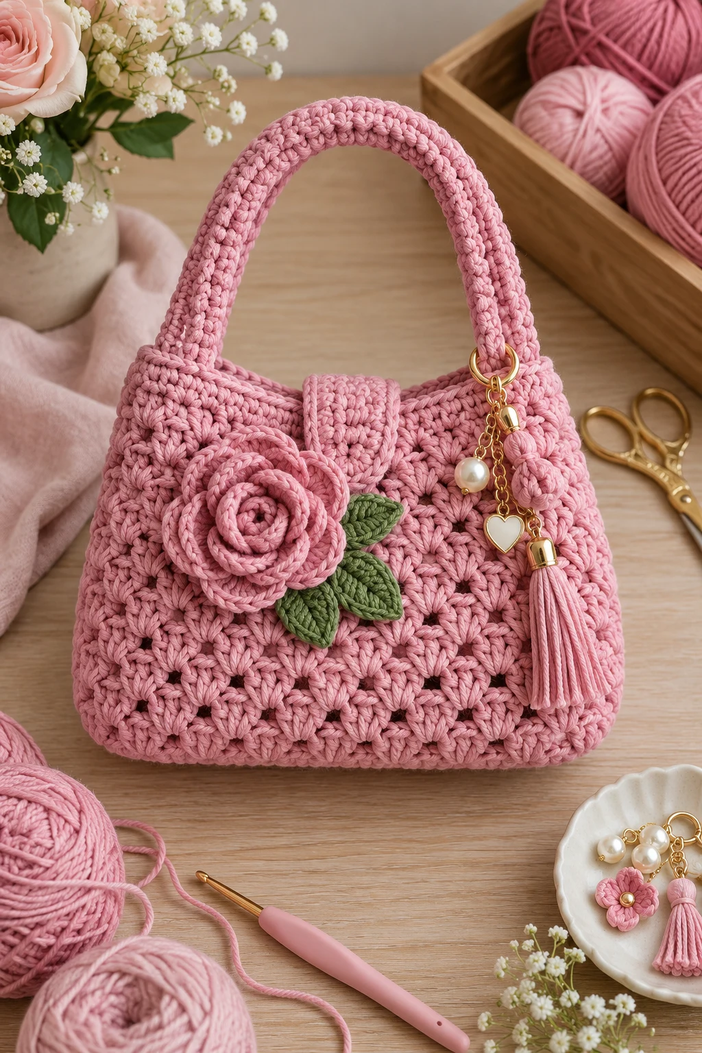 Crochet Pink Bag With Rose and Charm Details — crochet pink bag style outfit
