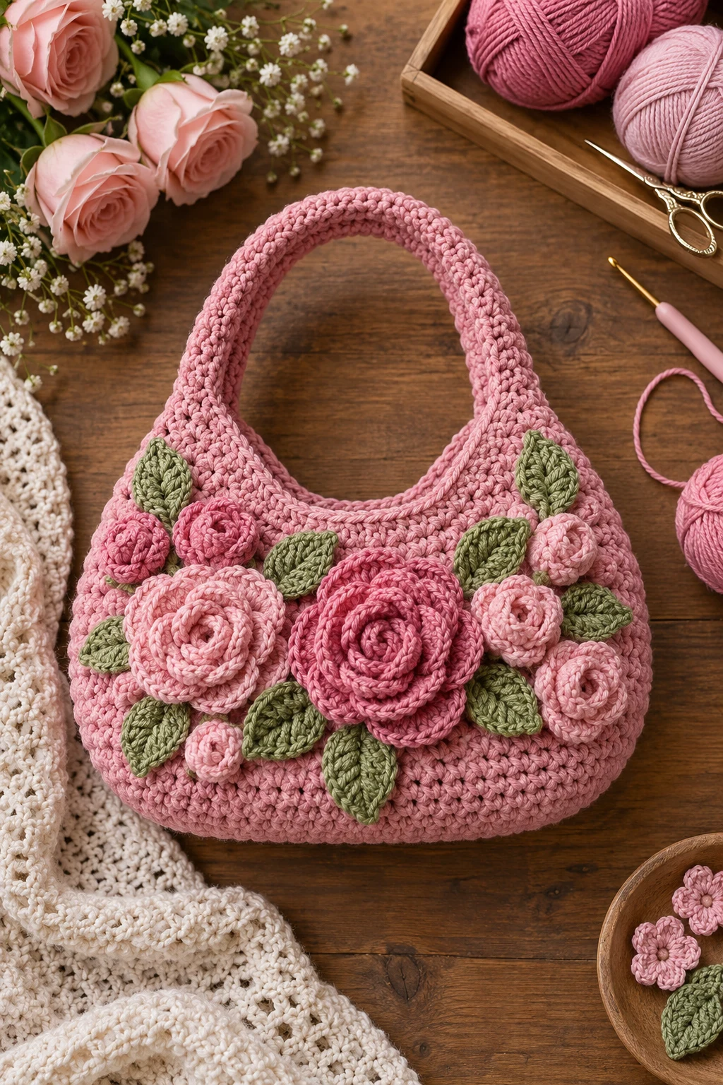 Crochet Rose Bag With Floral Detail — crochet pink bag style outfit