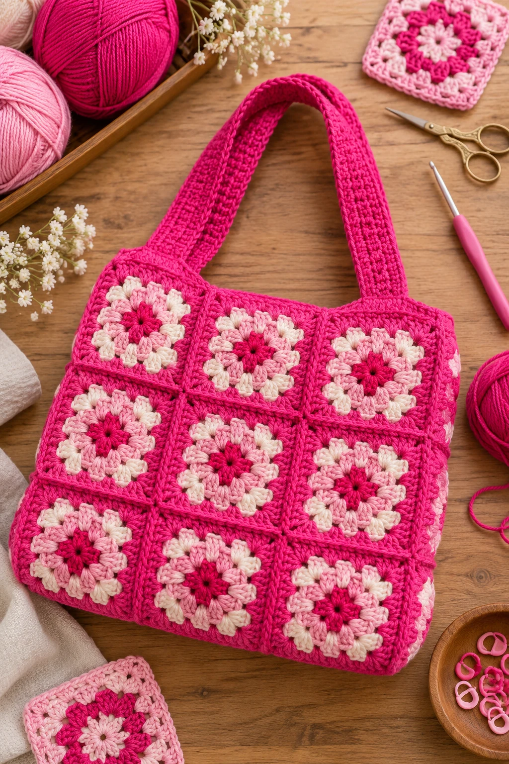 Hot Pink Granny Square Bag — crochet pink bag style outfit