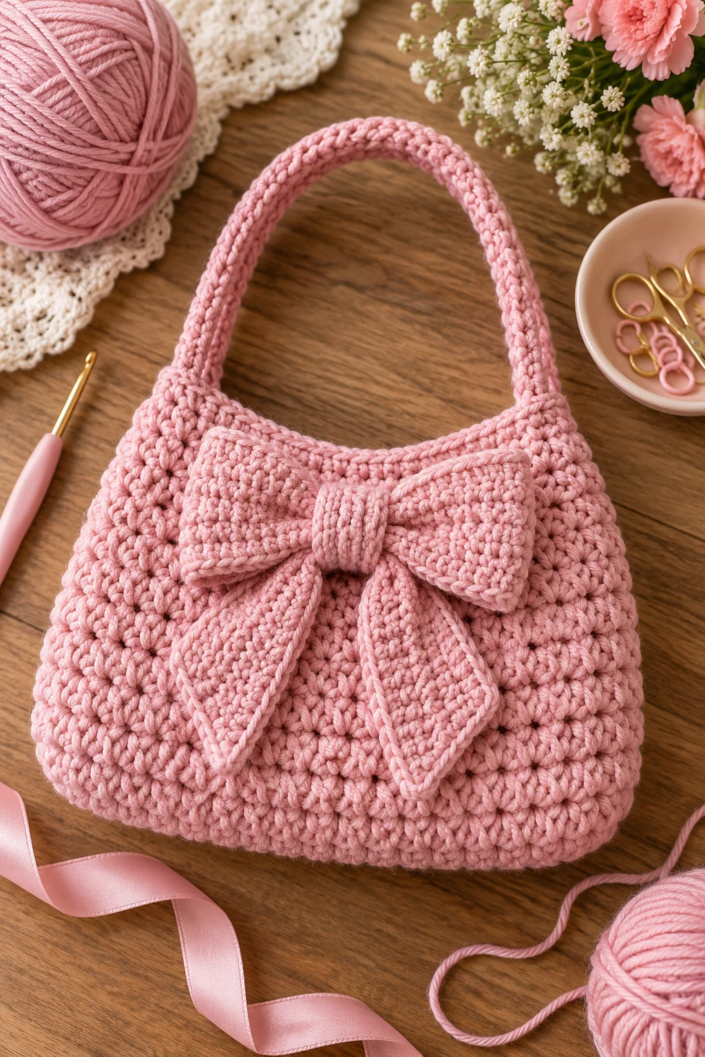 Crochet Pink Bow Bag — crochet pink bag style outfit