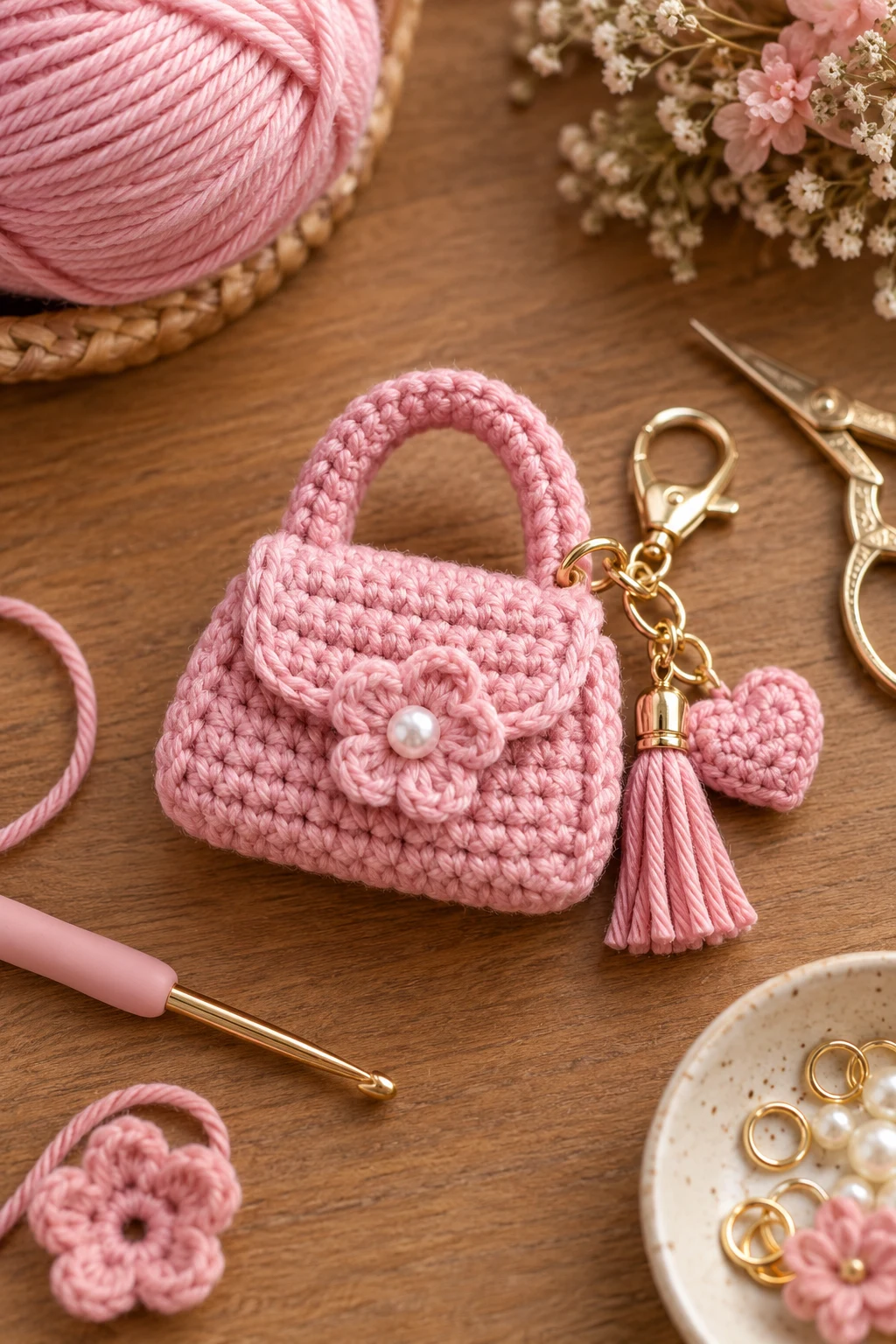 Mini Crochet Pink Bag Charm — crochet pink bag style outfit