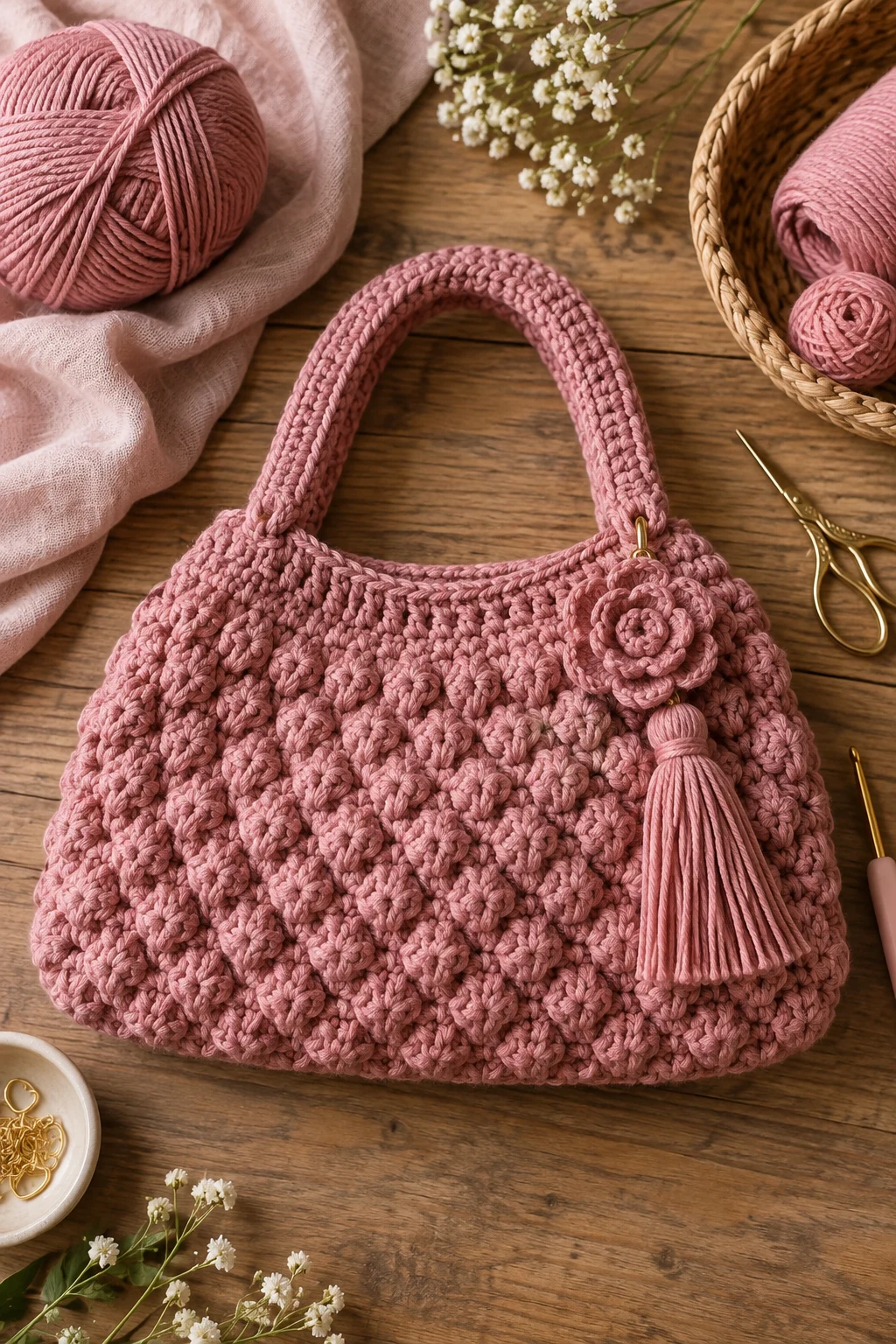 Dusty Rose Crochet Pink Bag — crochet pink bag style outfit
