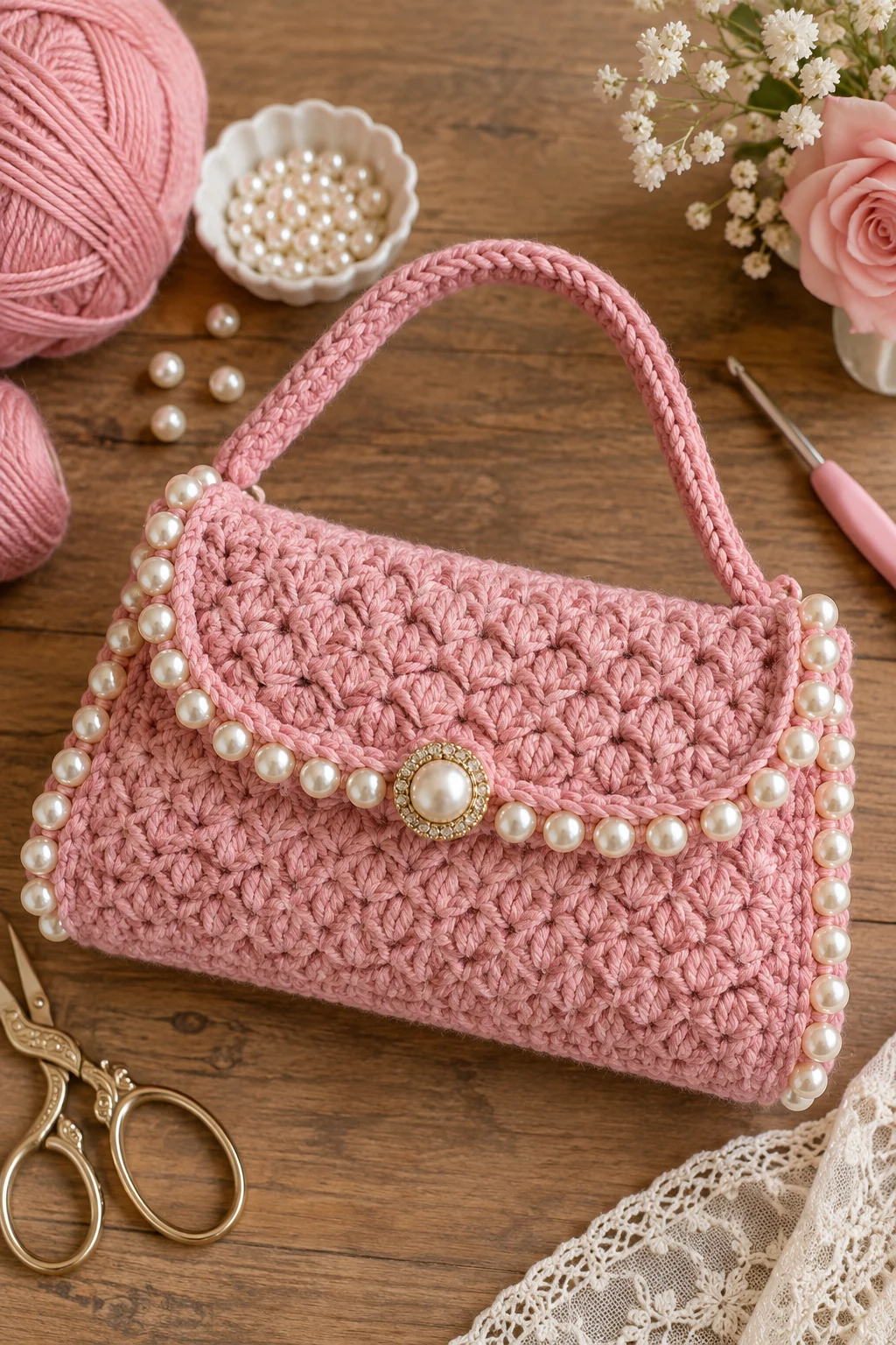 Pearl-Trimmed Crochet Pink Bag — crochet pink bag style outfit
