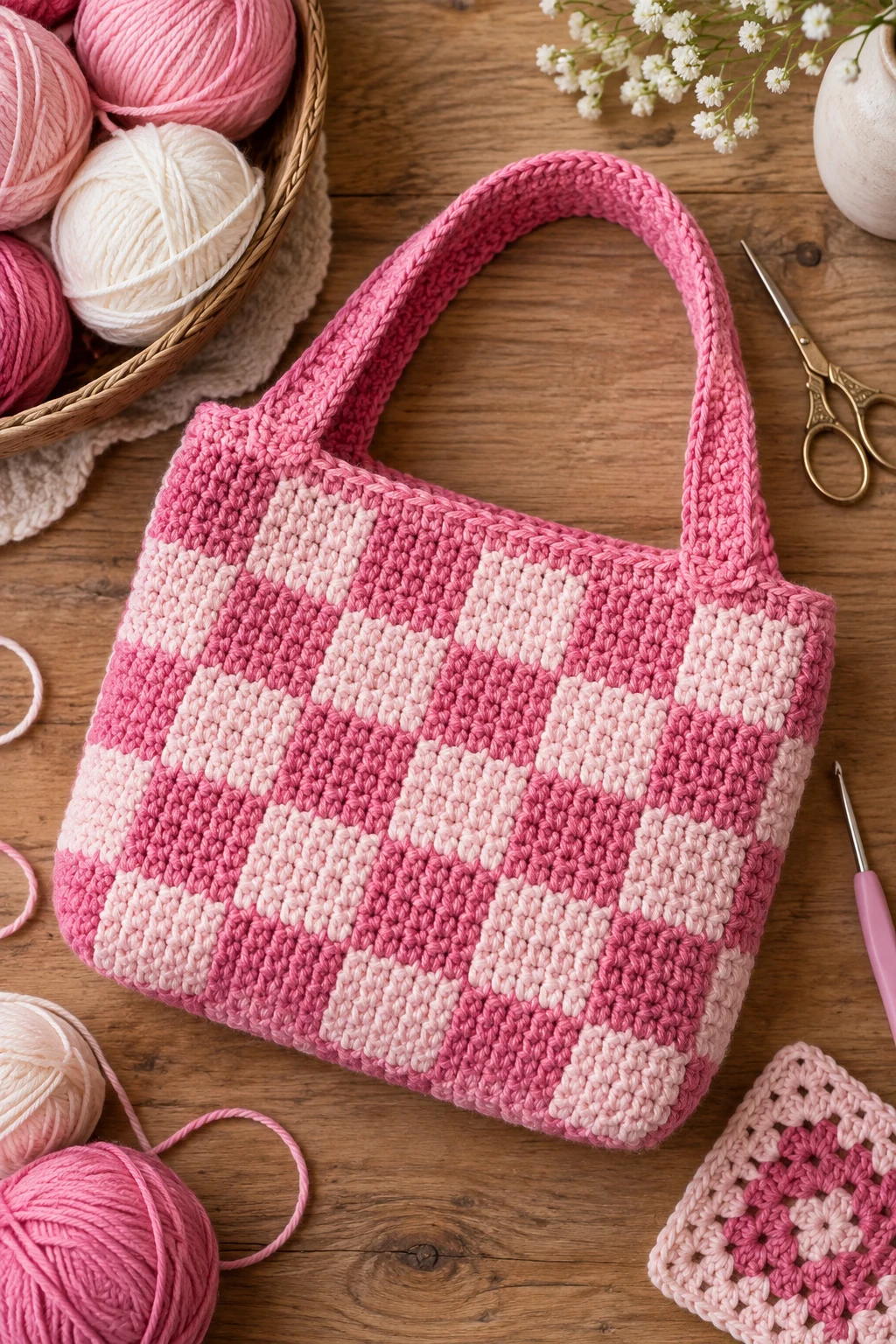 Crochet Pink Bag With Checkerboard Pattern — crochet pink bag style outfit