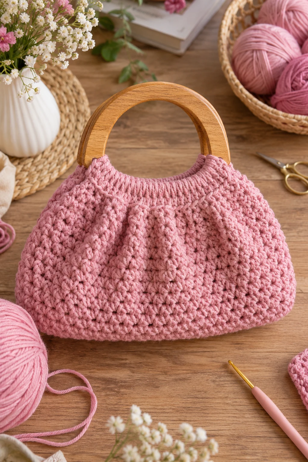 Crochet Pink Bag With Wooden Handles — crochet pink bag style outfit