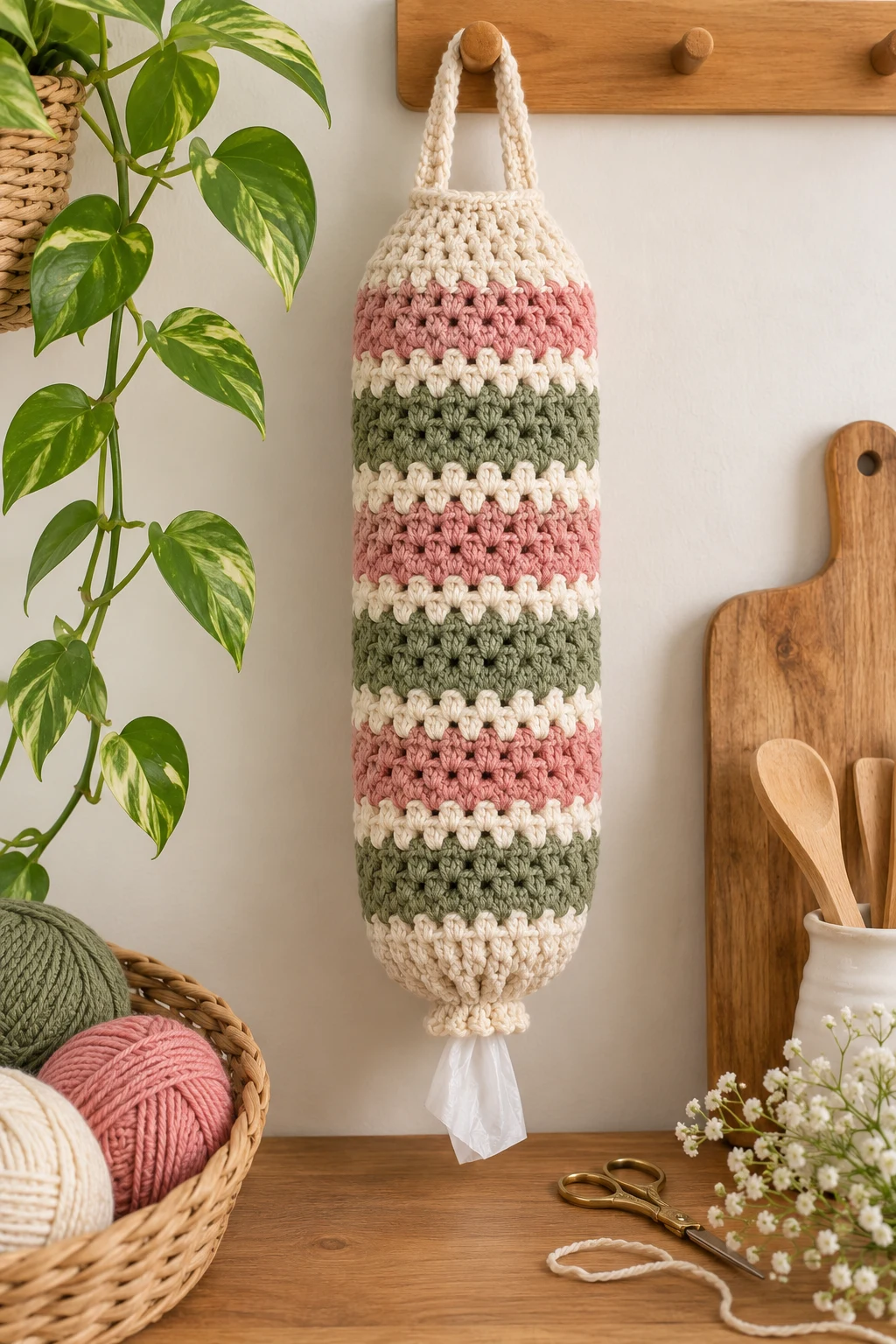 Crochet Shopping Bag Holder Pattern Free With Stripes — crochet plastic bag holder free pattern style outfit