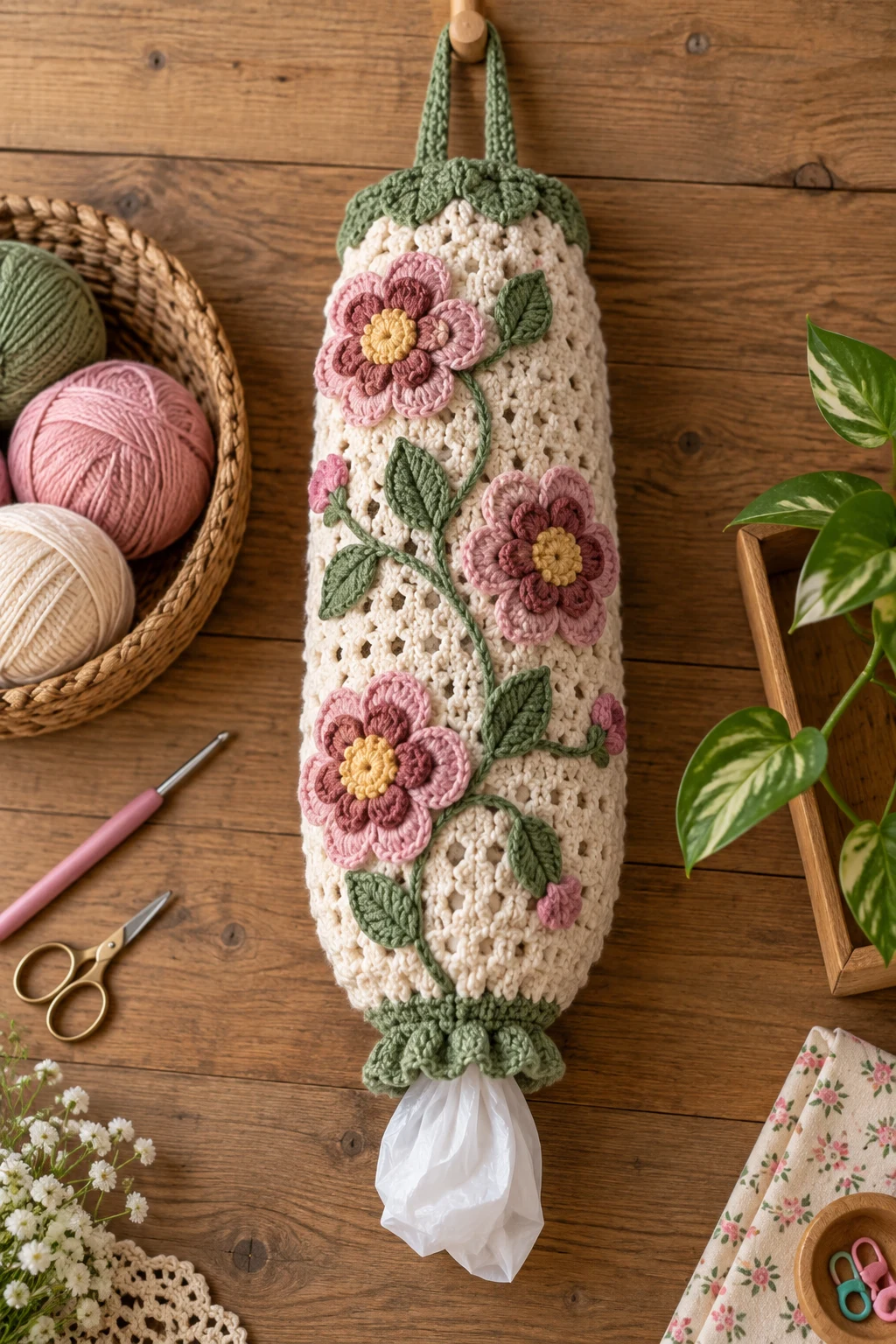 Floral Crochet Plastic Bag Holder — crochet plastic bag holder free pattern style outfit