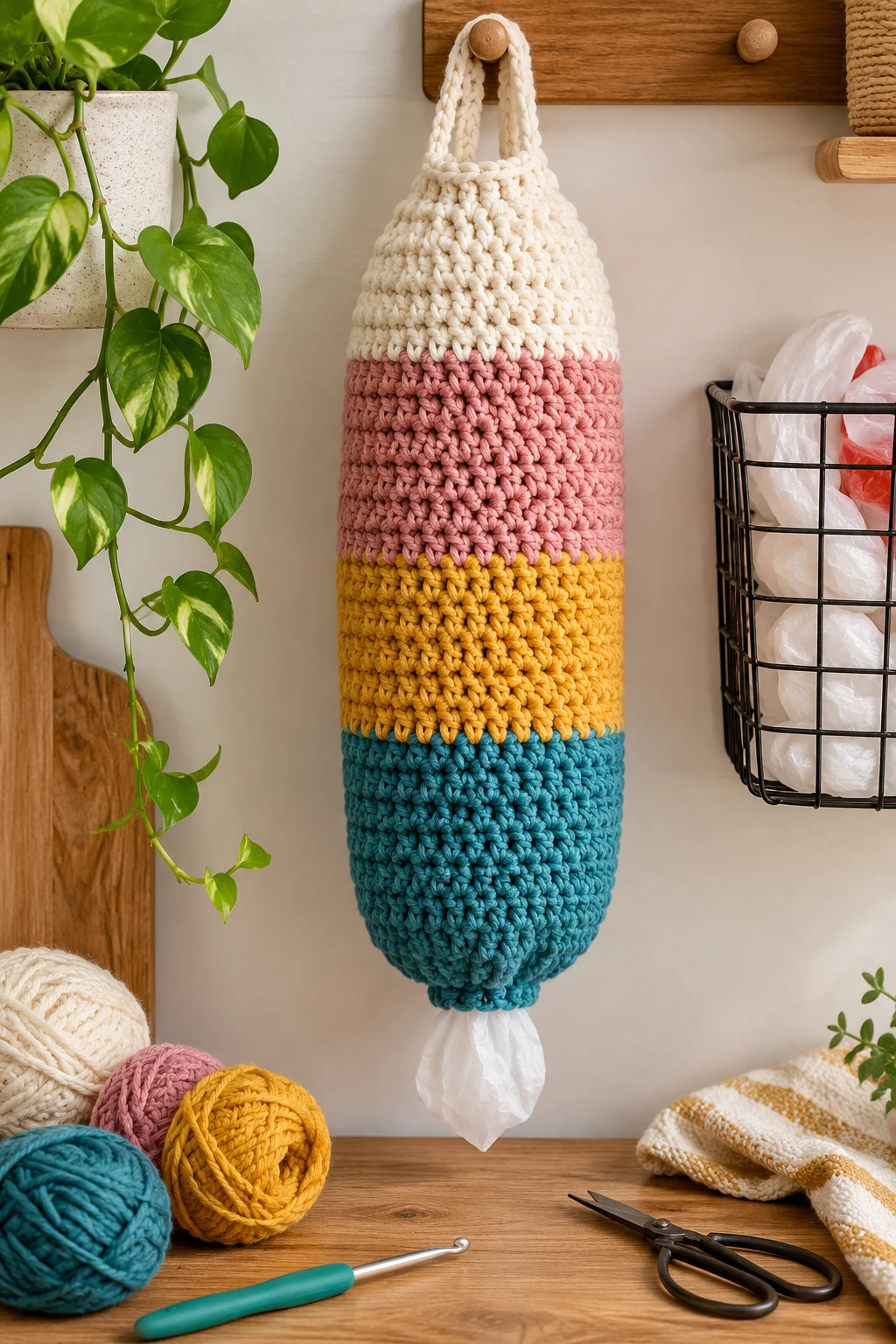 Color-Block Crochet Plastic Bag Holder — crochet plastic bag holder free pattern style outfit