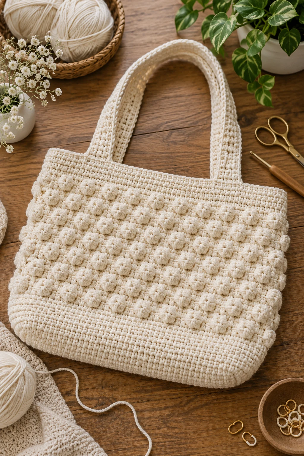 Classic Cream Popcorn Tote — crochet popcorn bag style outfit