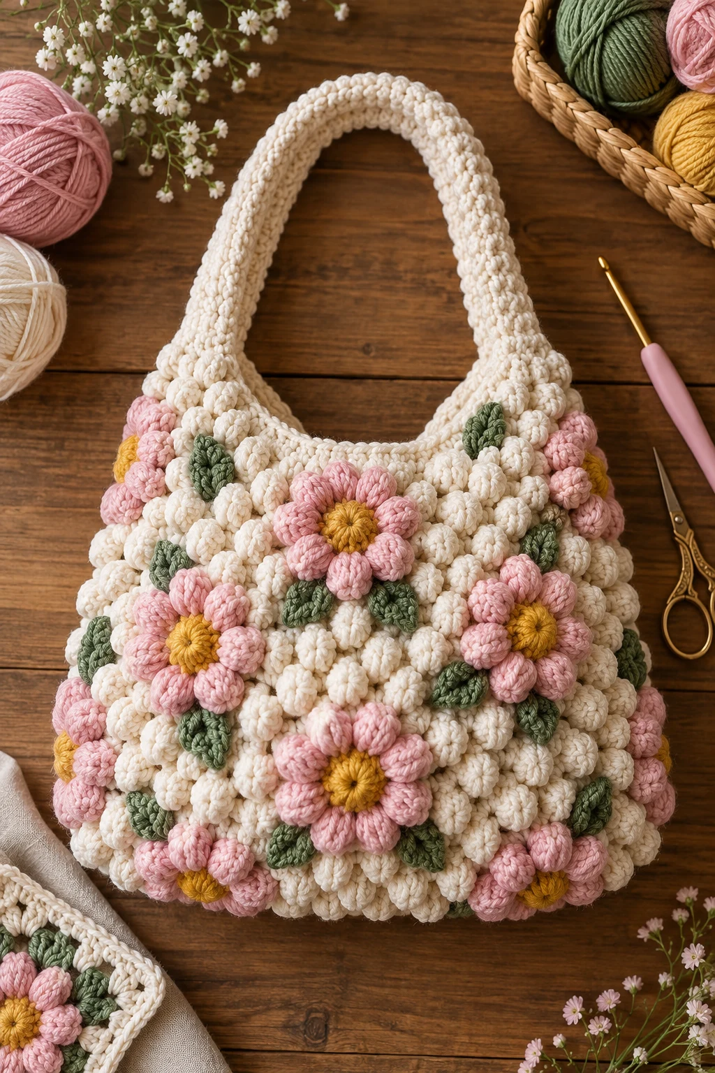 Floral Popcorn Stitch Bag — crochet popcorn bag style outfit