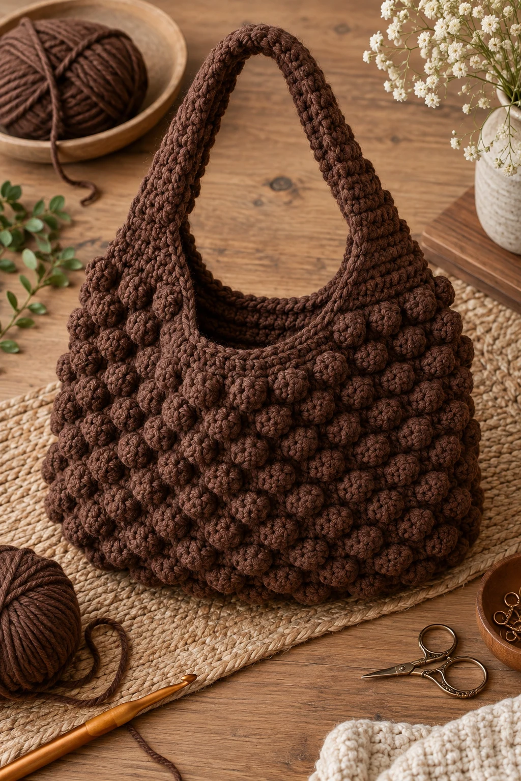 Chocolate Brown Crochet Bobble Bag — crochet popcorn bag style outfit