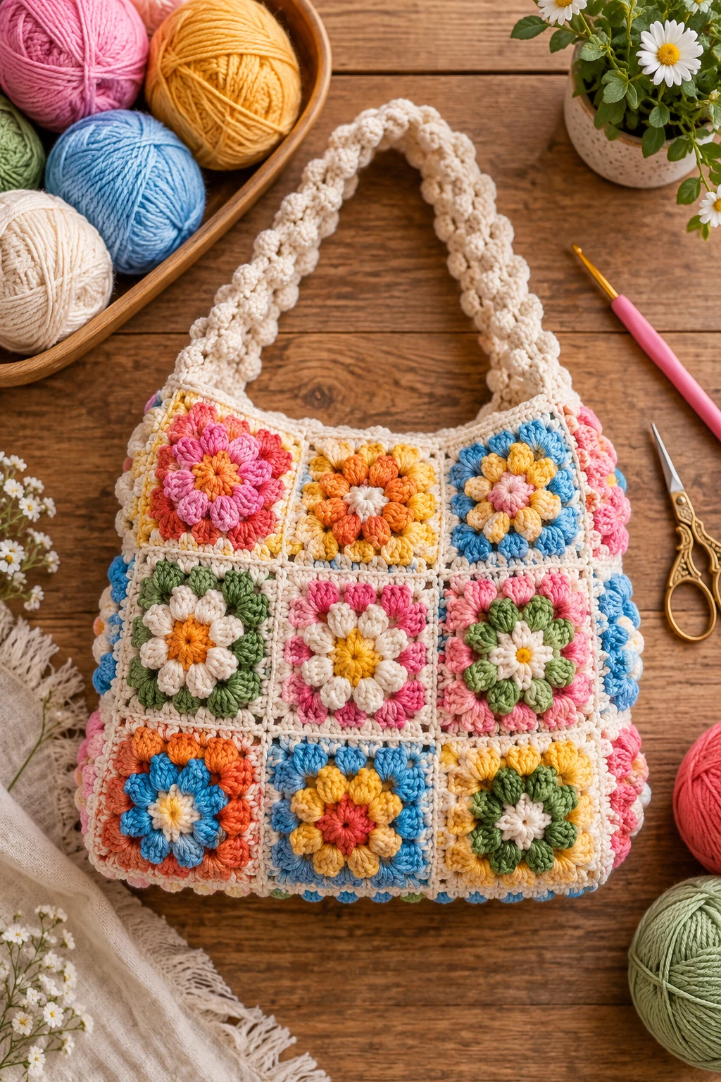 Colorful Granny Square Popcorn Bag — crochet popcorn bag style outfit
