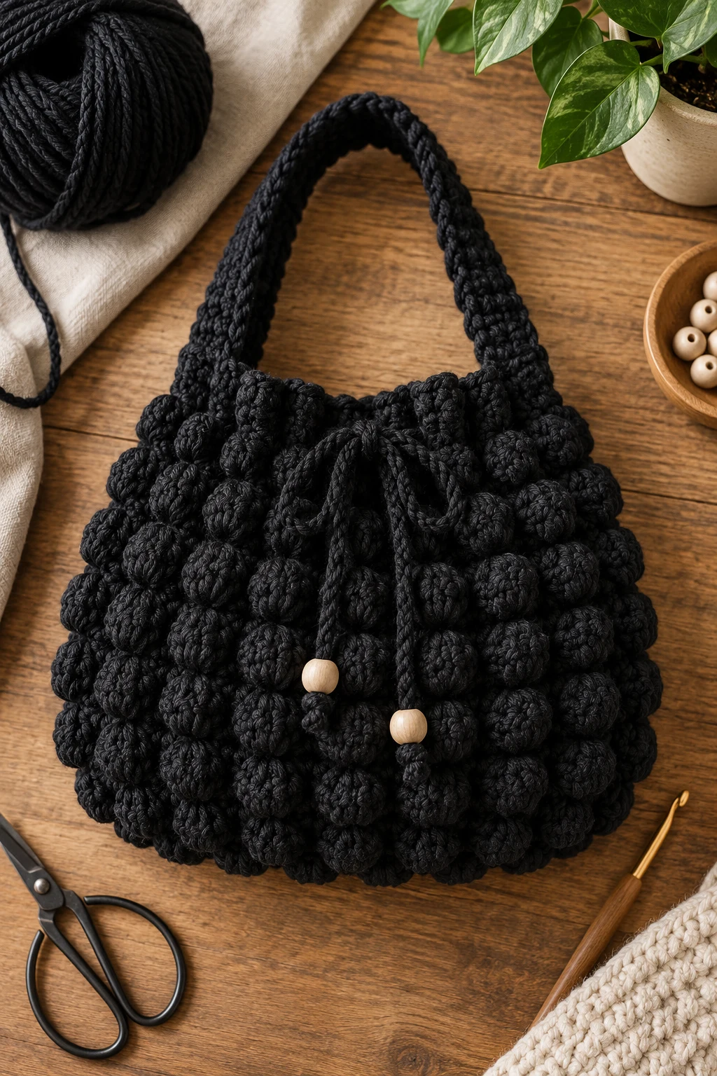 Minimalist Black Crochet Popcorn Bag — crochet popcorn bag style outfit