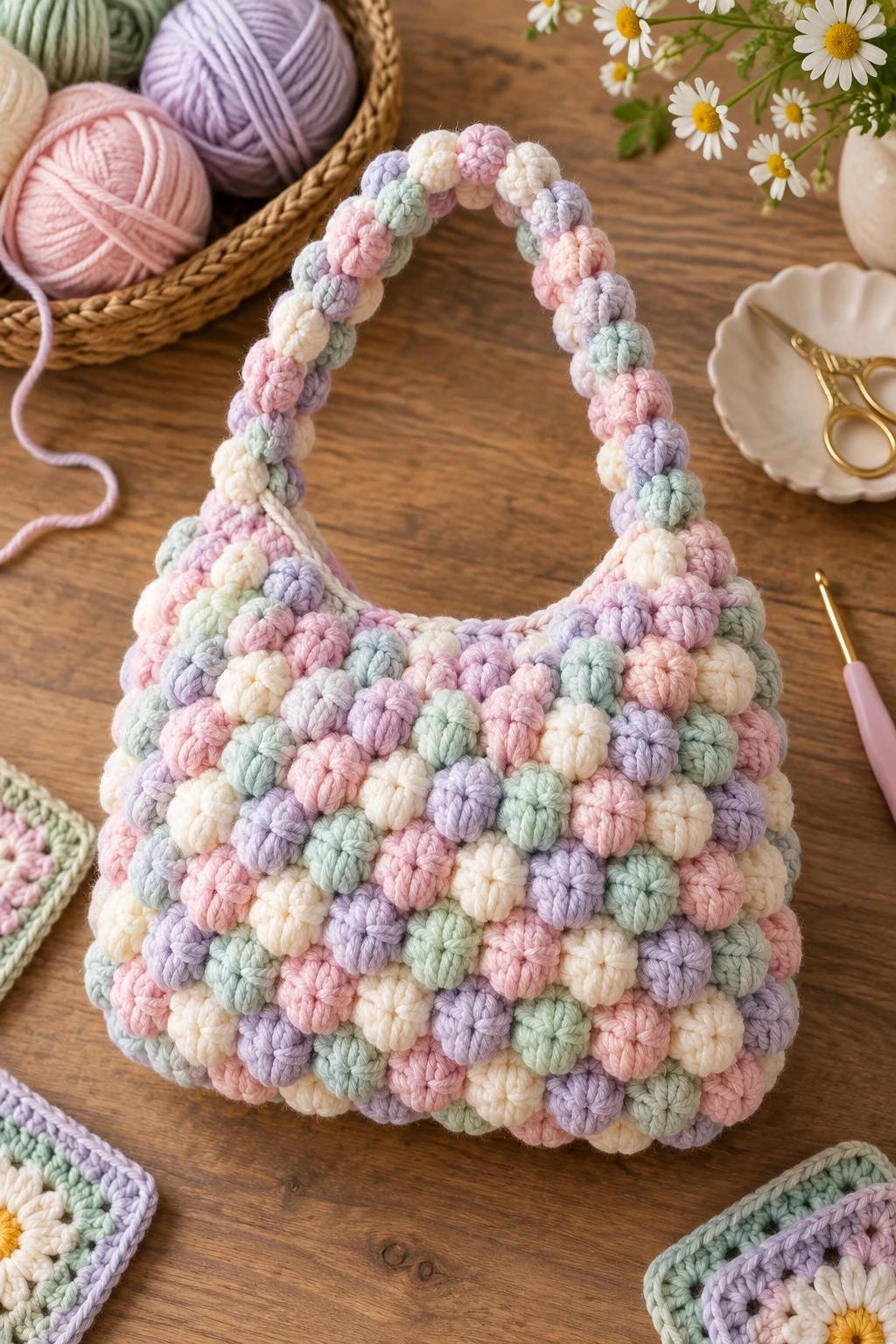 Pastel Crochet Puff Bag — crochet popcorn bag style outfit