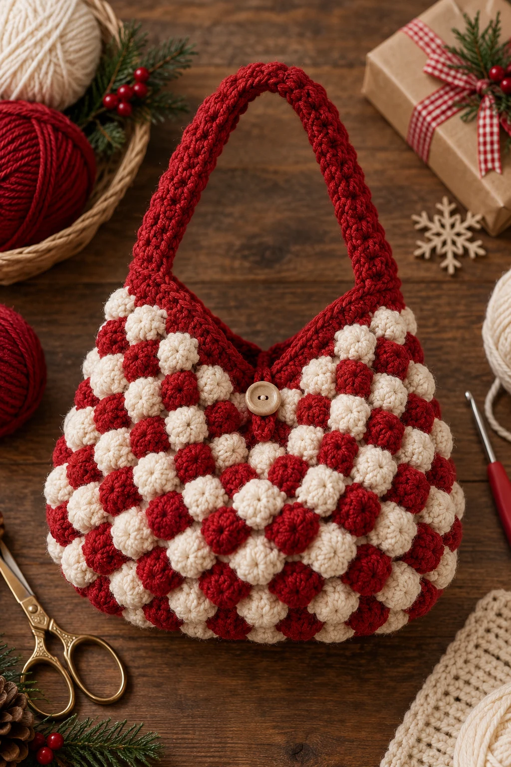 Red-and-Cream Holiday Popcorn Bag — crochet popcorn bag style outfit