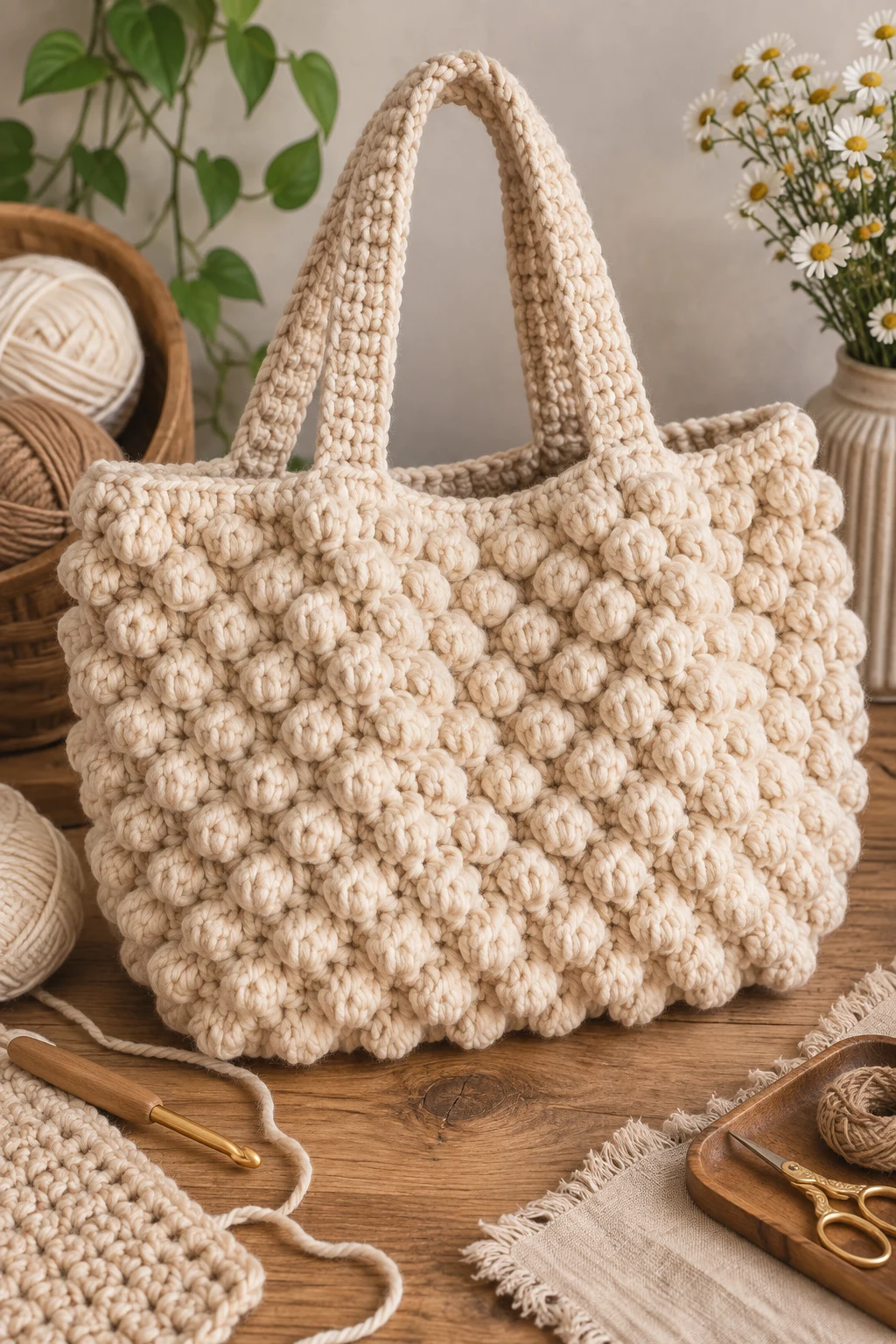 Oversized Chunky Popcorn Tote — crochet popcorn bag style outfit