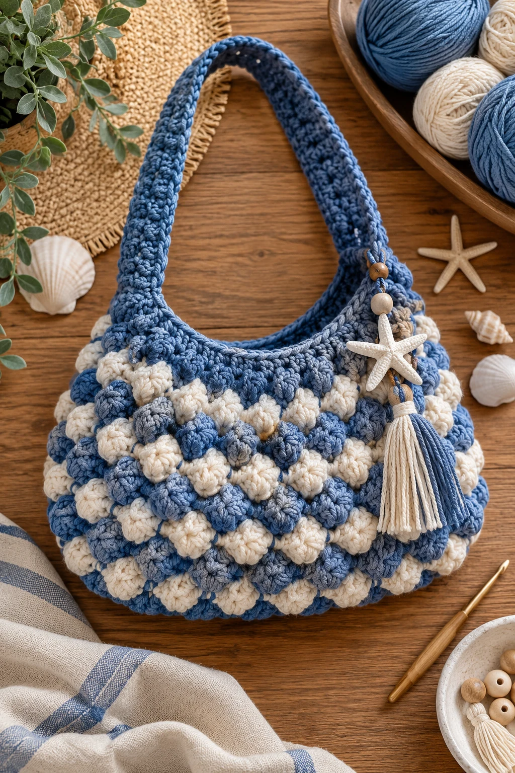 Blue Coastal Popcorn Shoulder Bag — crochet popcorn bag style outfit