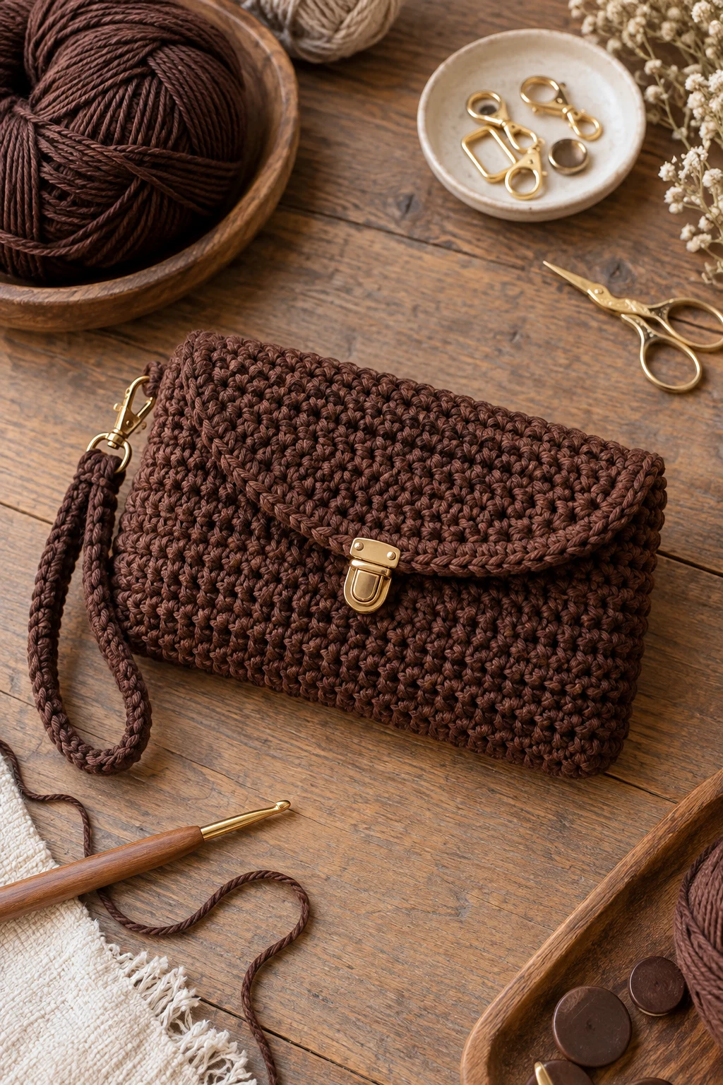 Classic Chocolate Brown Crochet Pouch Bag — crochet pouch bag style outfit