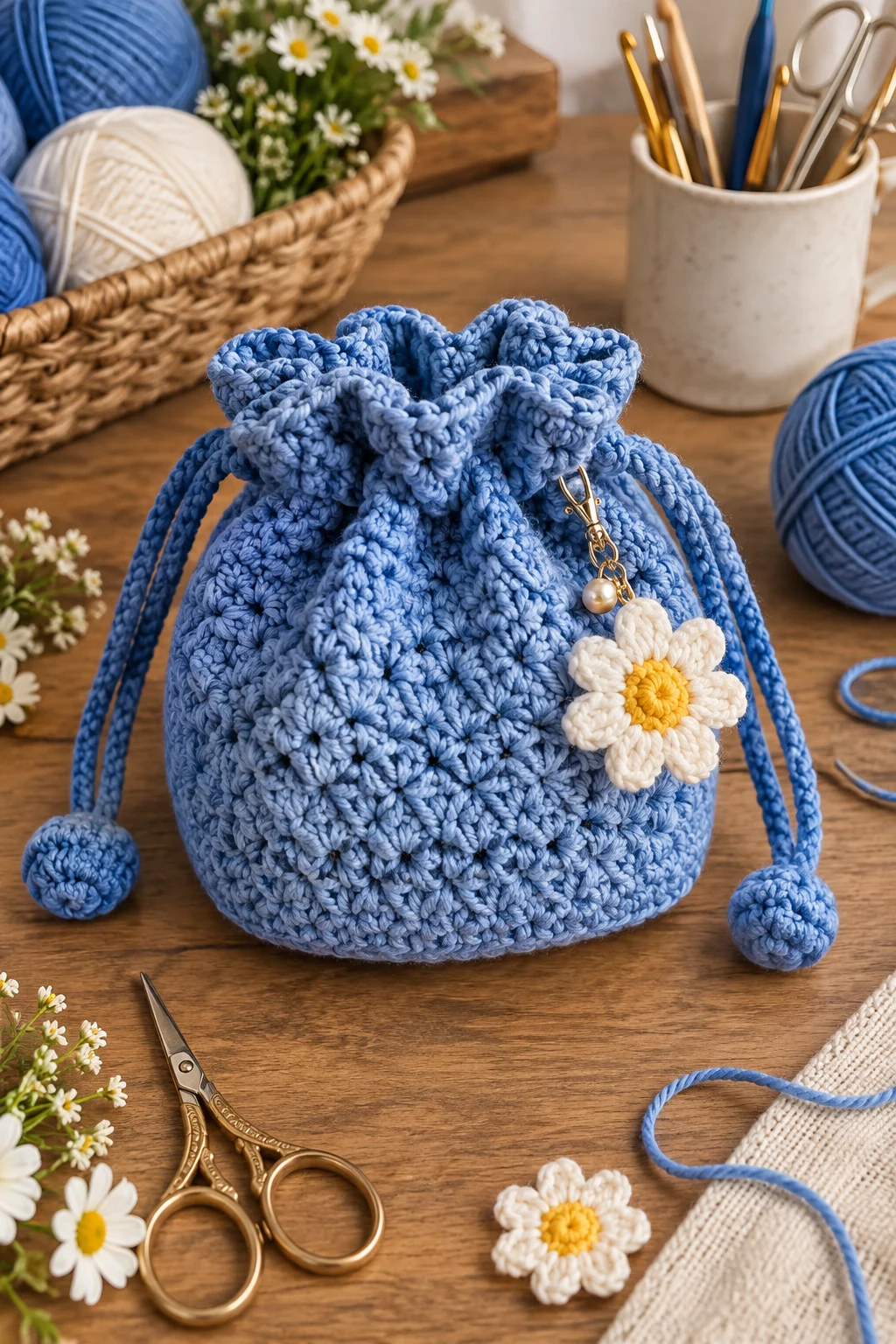 Blue Crochet Pouch Bag With Daisy Charm — crochet pouch bag style outfit