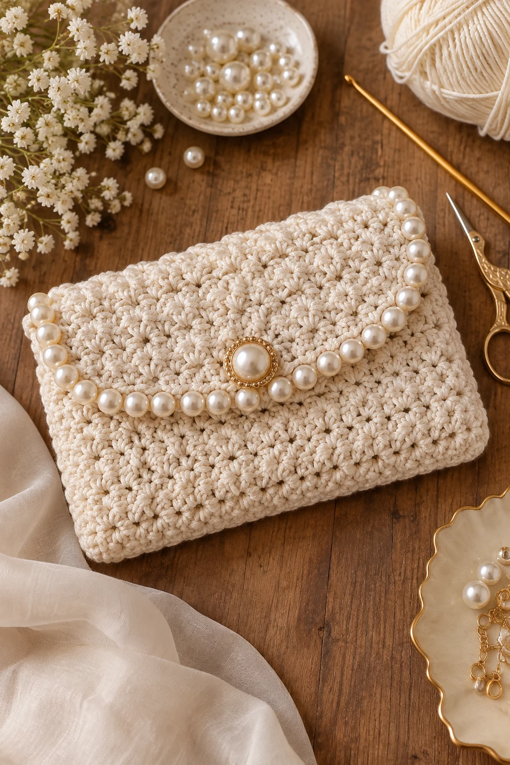Pearl-Trimmed Evening Pouch — crochet pouch bag style outfit