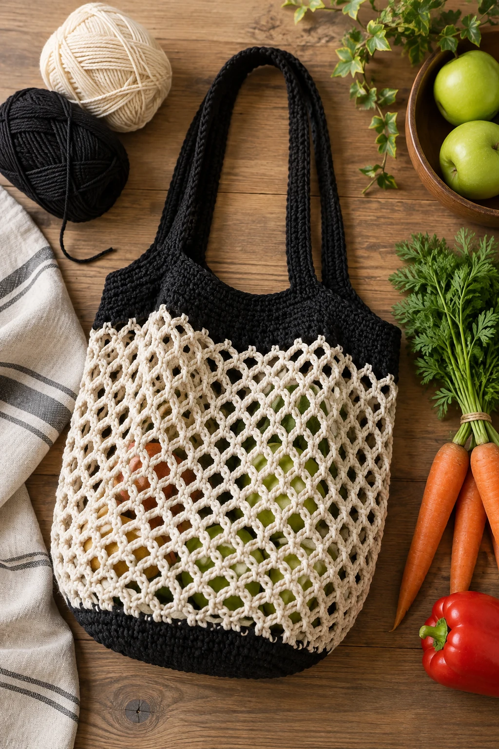 Minimalist Black-and-Cream Crochet Produce Bag — crochet produce bag style outfit