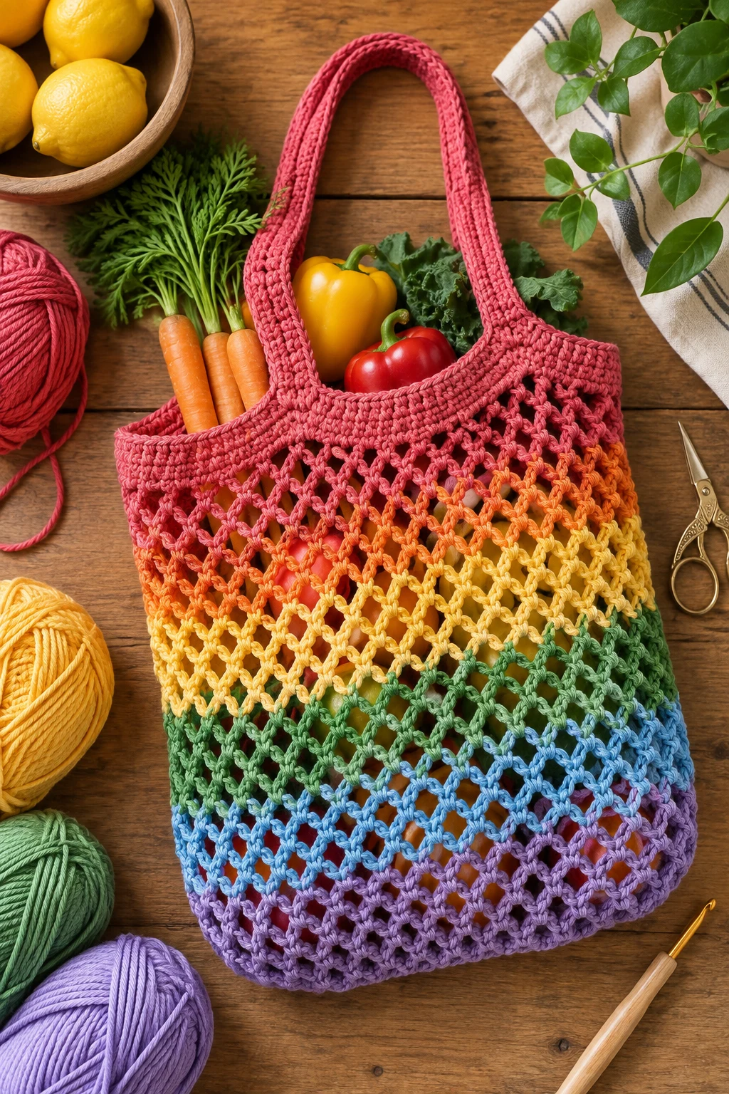 Rainbow Stripe Crochet Produce Bag — crochet produce bag style outfit