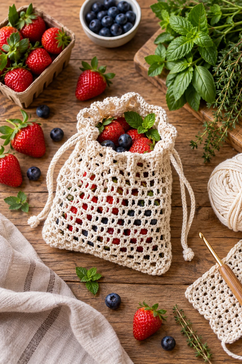 Small Crochet Produce Bag for Berries and Herbs — crochet produce bag style outfit